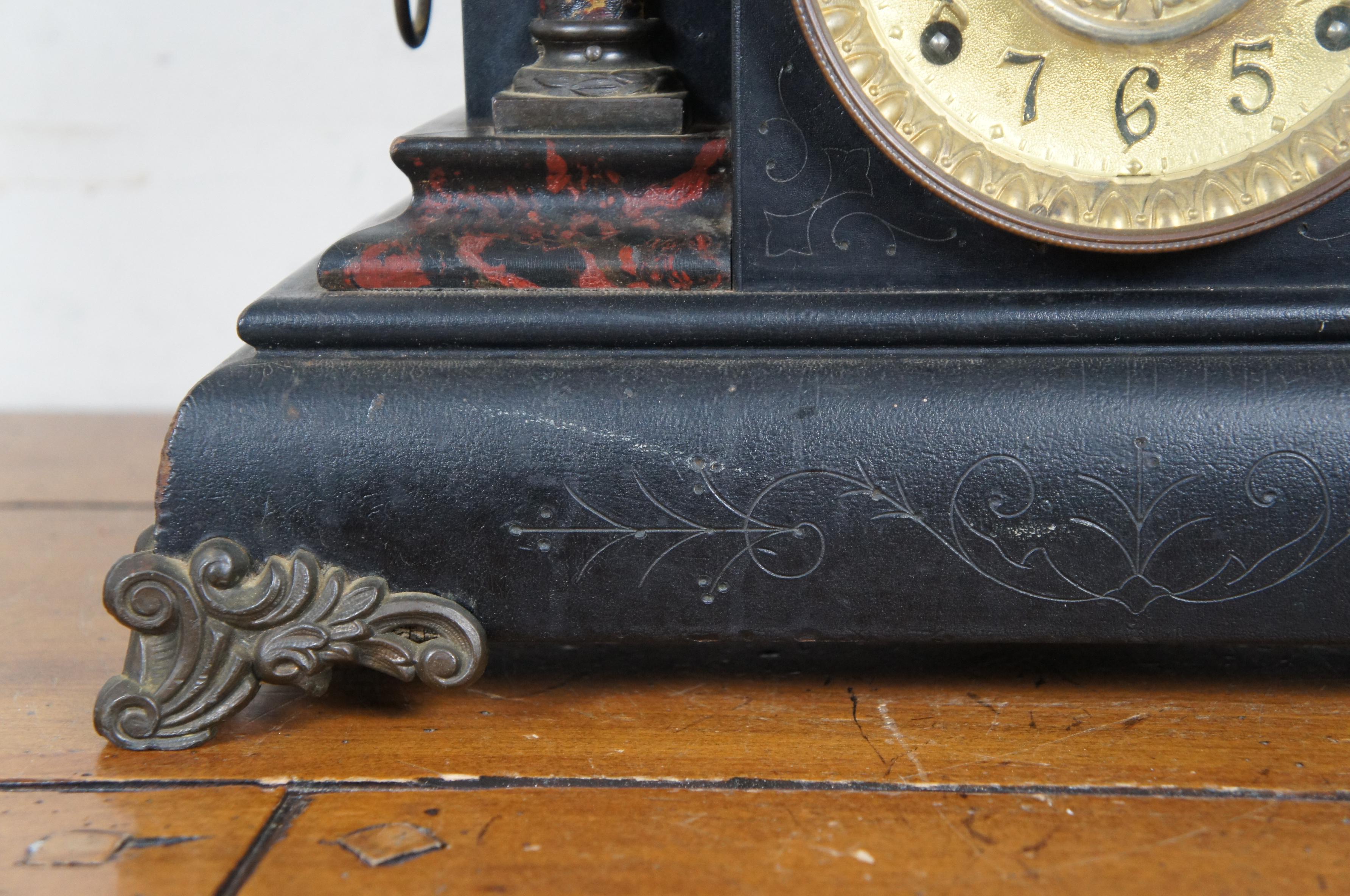 Antique E. Ingraham Chiming 8 Day Ebonized Faux Marble Lion Mantel Clock 6