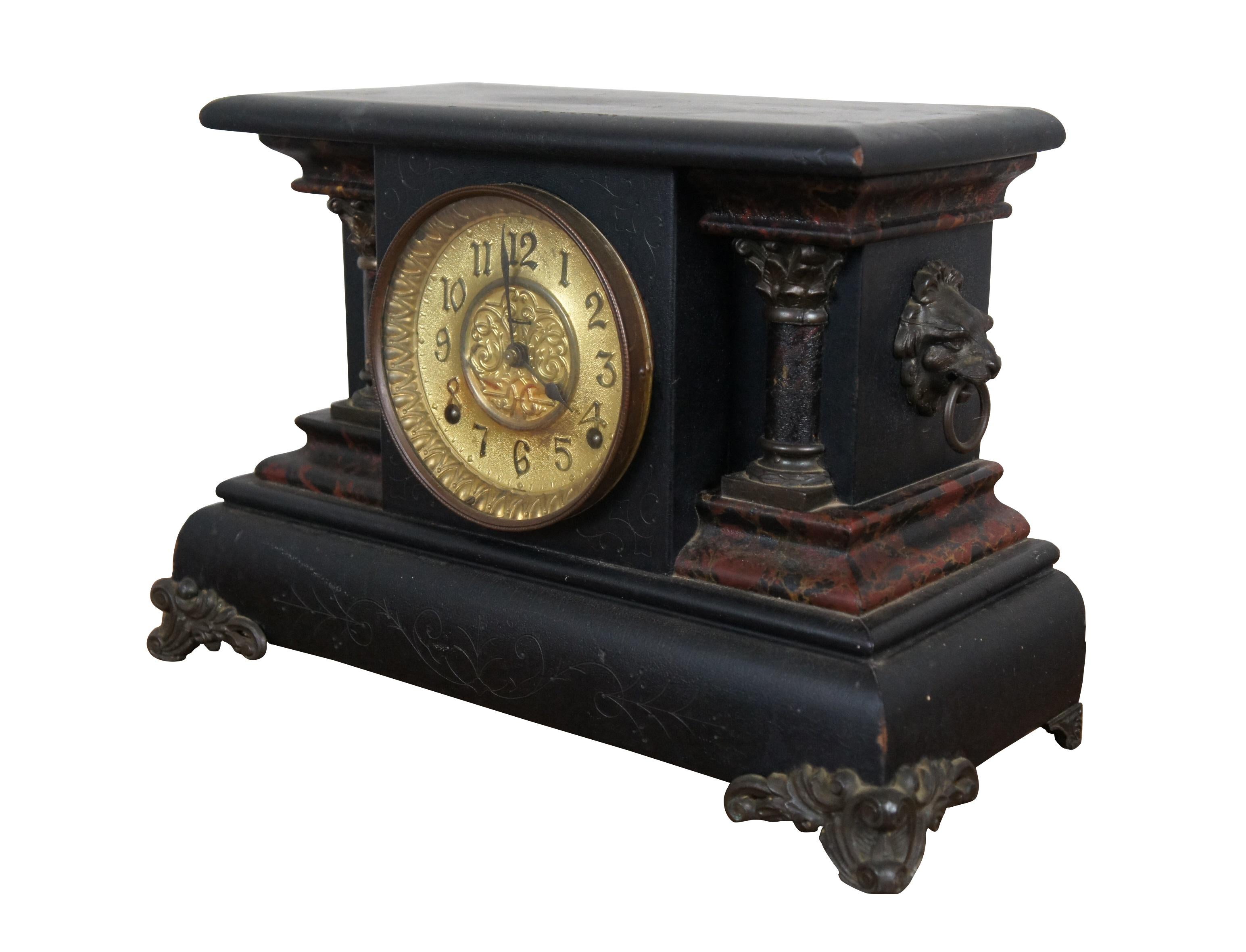 Late 19th century ebonized mantel shelf clock by The E. Ingraham Company. 8 Day, Half Hour Strike, Cathedral Gong and Patent Regulator. Ebonized wood case with subtle carved detail at the corners around the face and front of the base. Rectangular