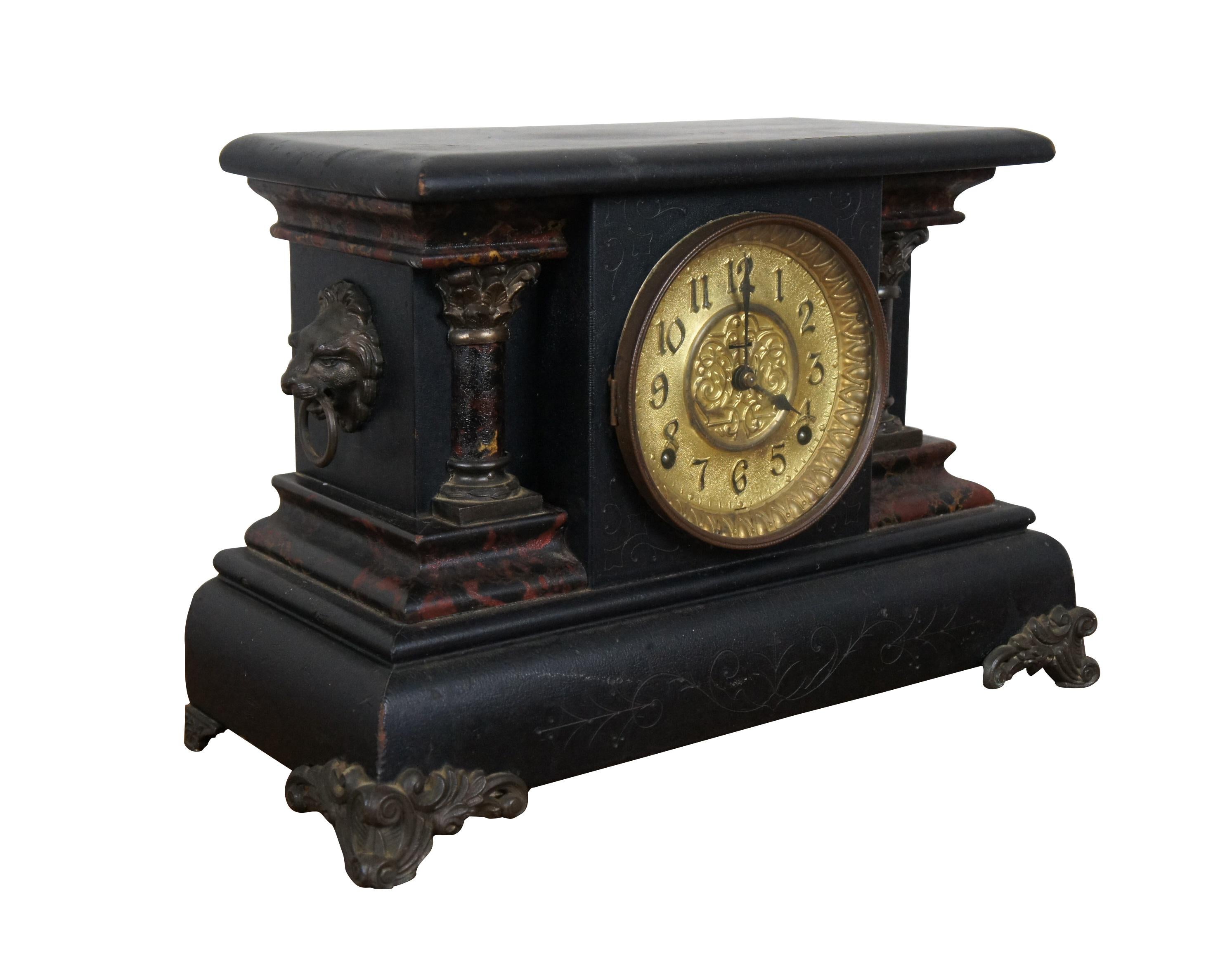 Victorian Antique E. Ingraham Chiming 8 Day Ebonized Faux Marble Lion Mantel Clock