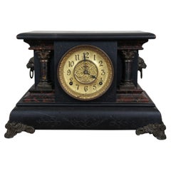 Antique E. Ingraham Chiming 8 Day Ebonized Faux Marble Lion Mantel Clock