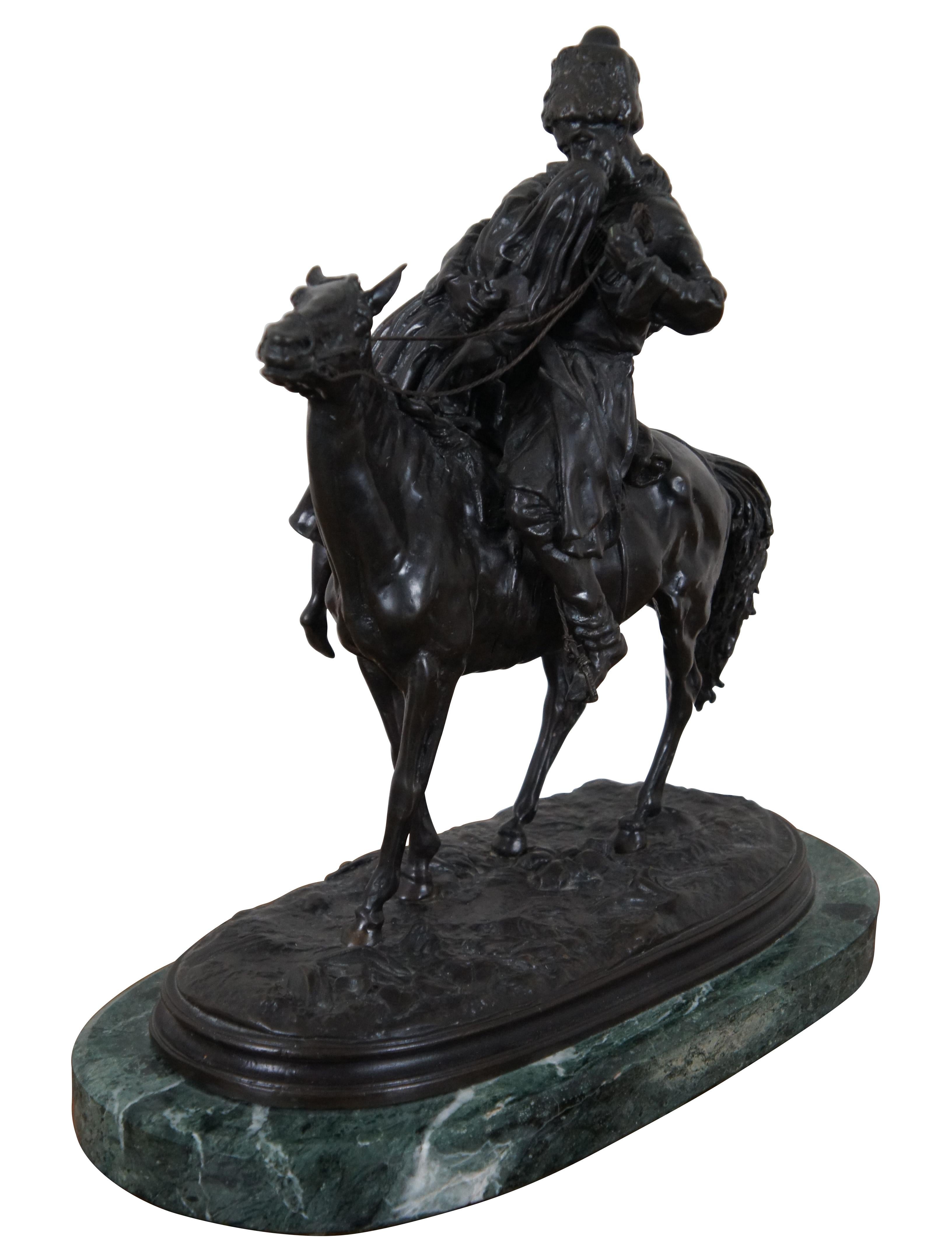 Antique bronze sculpture from a design by Eugene Lanceray, showing an equestrian scene with a Russian / Cossack soldier seated on a horse, giving his lover / wife a kiss goodbye. Signed in Cyrillic along one edge. Foundry mark not visible. Mounted