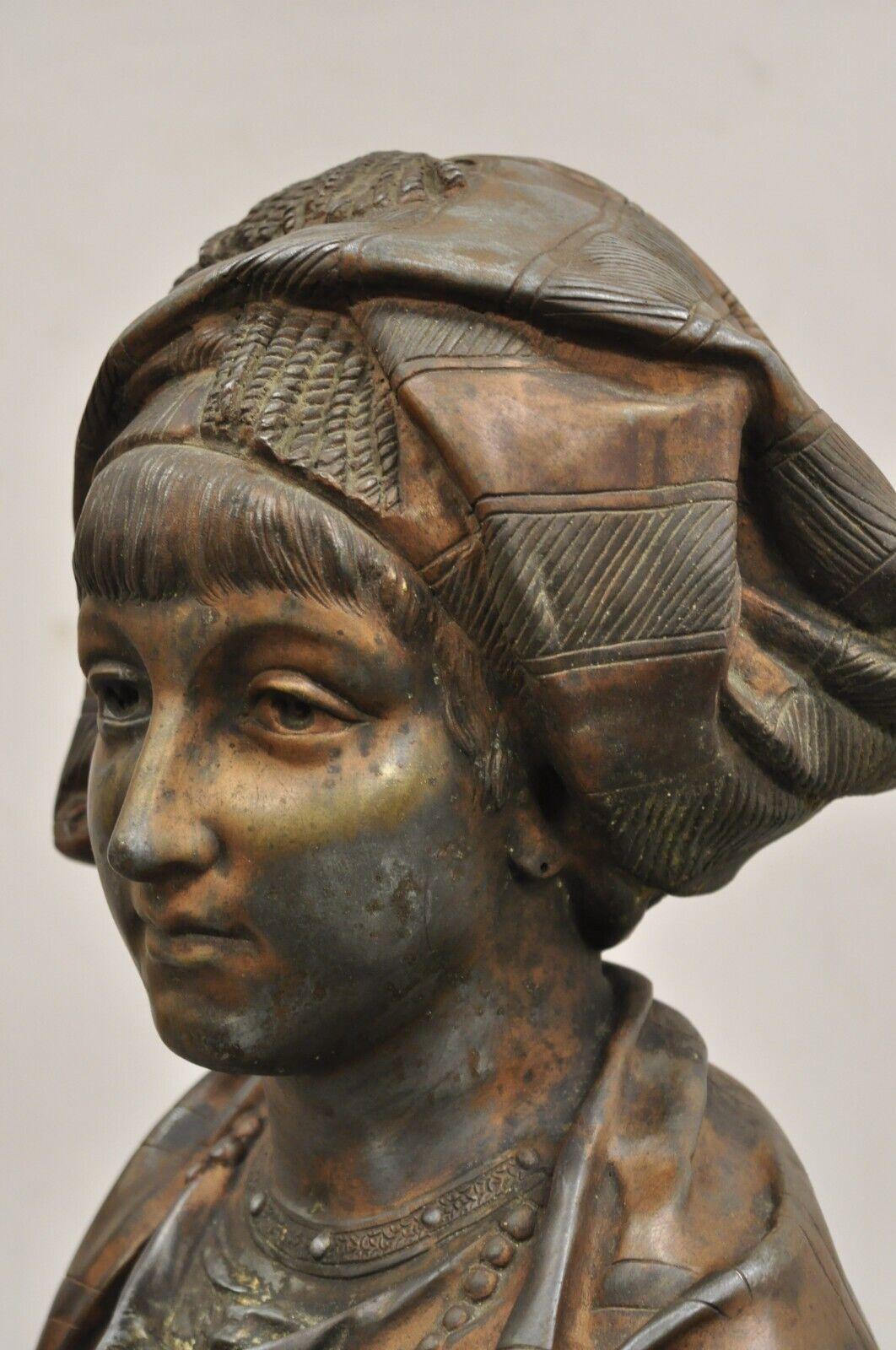 Antique E. Rousseau Cast Spelter Metal French Maiden Woman Bust Sculpture For Sale 4