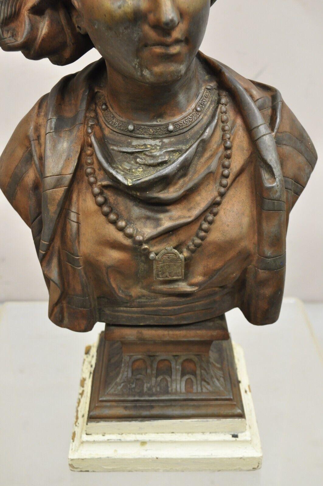 Antique E. Rousseau Cast Spelter Metal French Maiden Woman Bust Sculpture For Sale 5