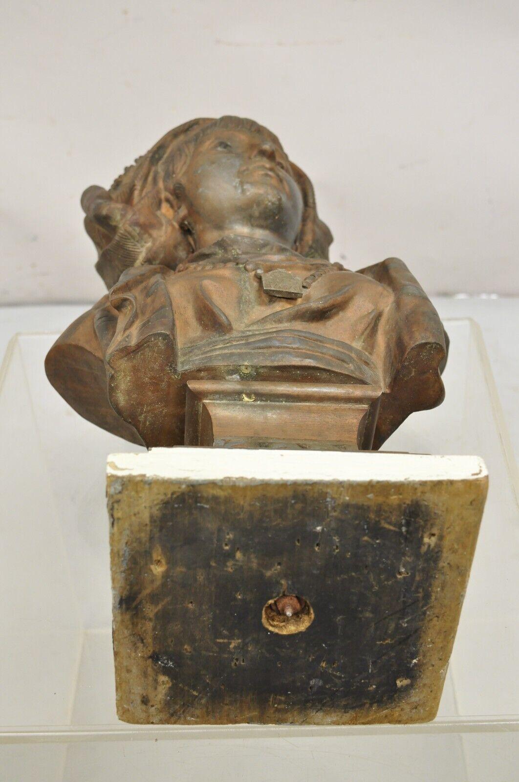 Antique E. Rousseau Cast Spelter Metal French Maiden Woman Bust Sculpture For Sale 6