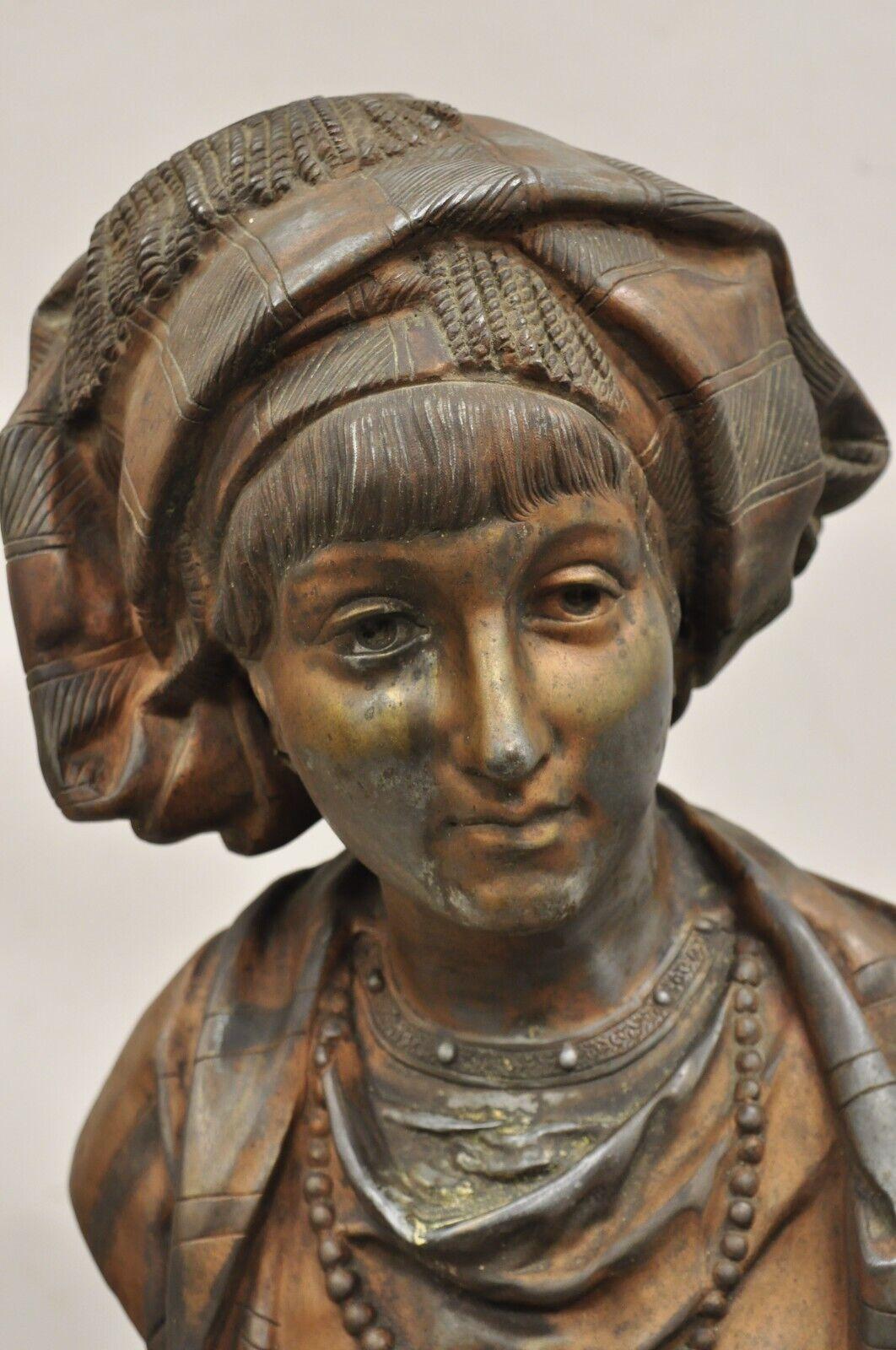 Renaissance Antique E. Rousseau Cast Spelter Metal French Maiden Woman Bust Sculpture For Sale