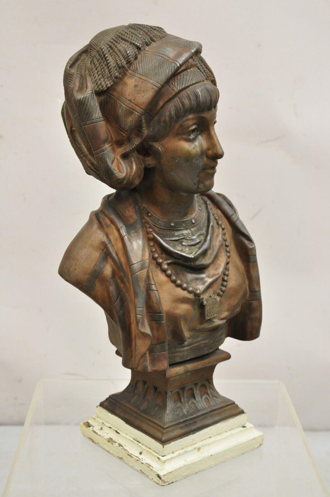 19th Century Antique E. Rousseau Cast Spelter Metal French Maiden Woman Bust Sculpture For Sale