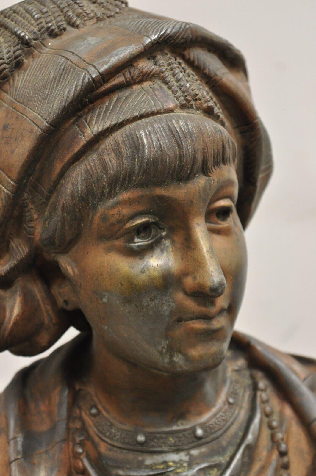 Antike französische Jungfrauenbüste aus gegossenem Zinn-Metall von E. Rousseau, Skulptur im Angebot 1