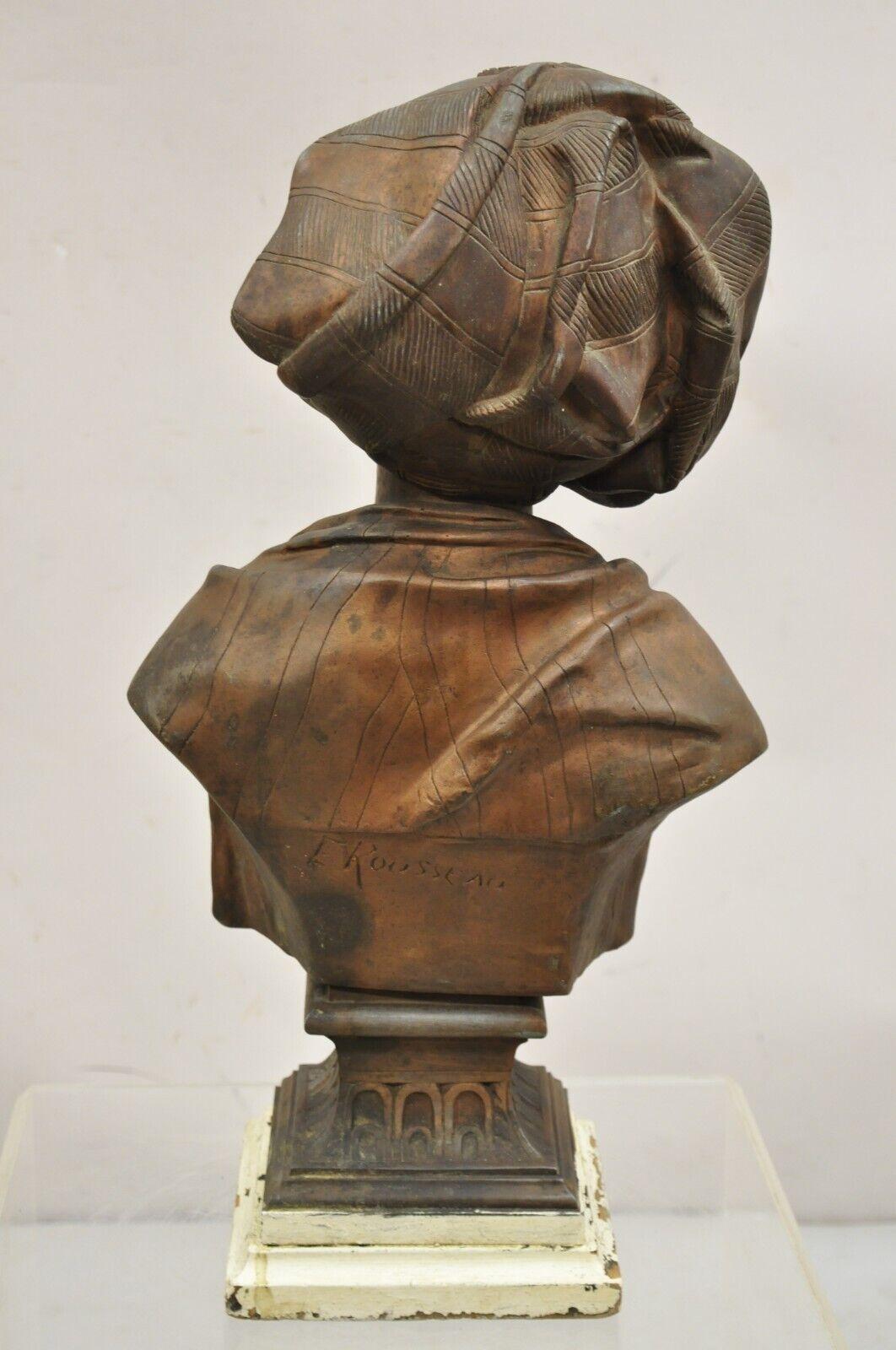 Antique E. Rousseau Cast Spelter Metal French Maiden Woman Bust Sculpture For Sale 2
