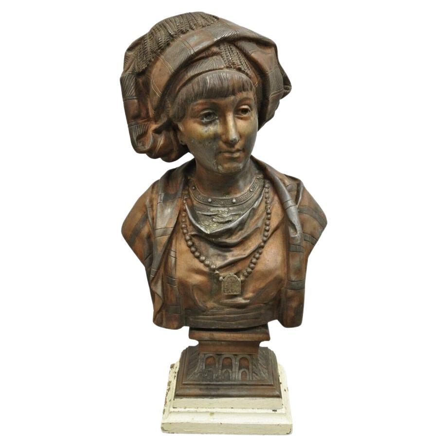 Antique E. Rousseau Cast Spelter Metal French Maiden Woman Bust Sculpture For Sale