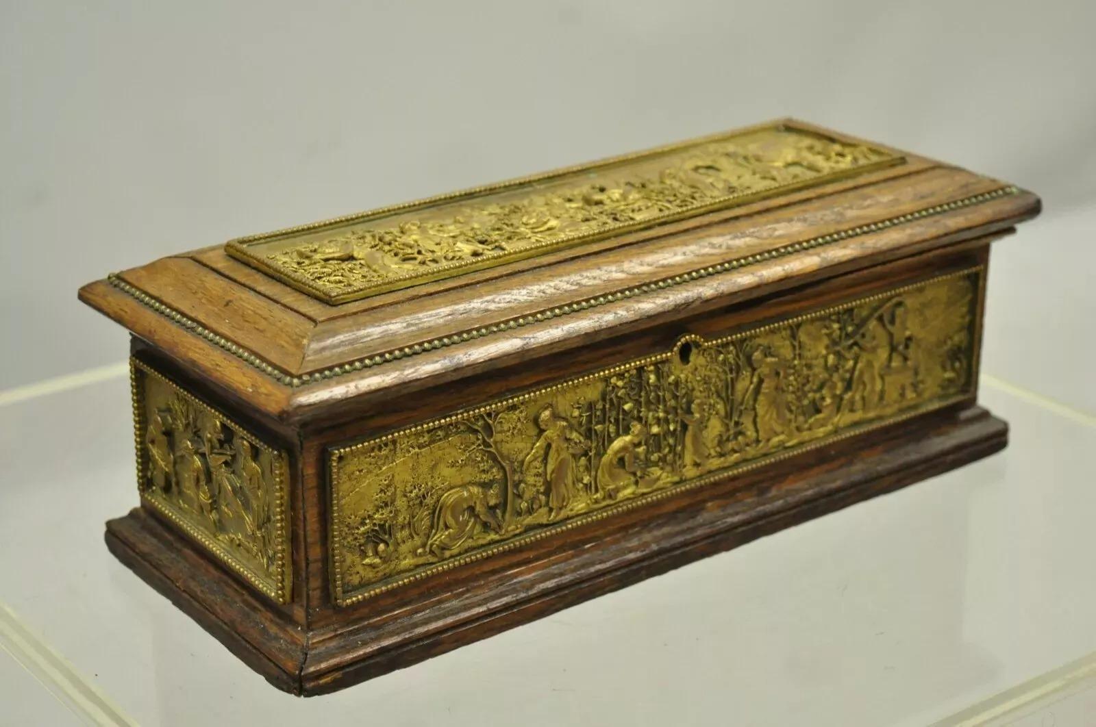 Antique E. Schutzmarke Oak Wood Figural Bronze Relief Jewelry Box Casket. Item features  3 Dimensional bronze relief figural 