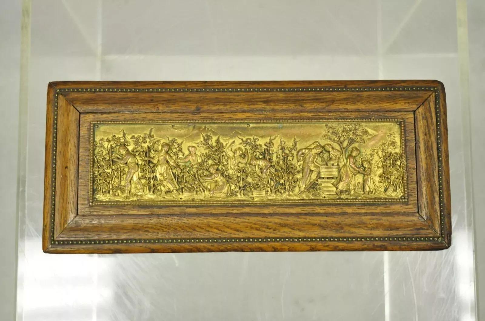 Other Antique E. Schutzmarke Oak Wood Figural Bronze Relief Jewelry Box Casket For Sale