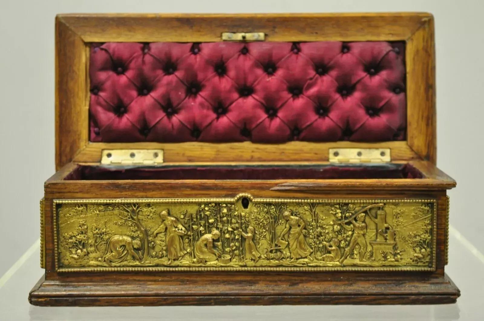 19th Century Antique E. Schutzmarke Oak Wood Figural Bronze Relief Jewelry Box Casket For Sale