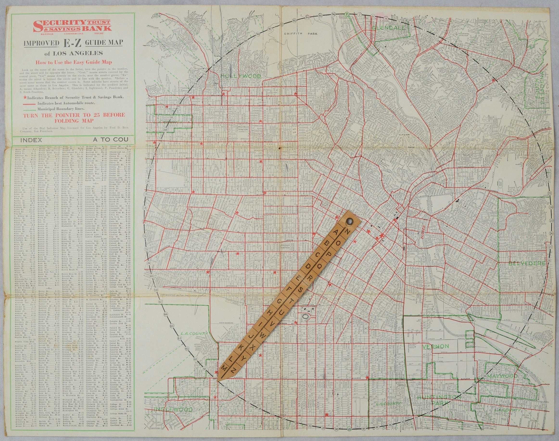 Antique E-Z Guide Map of Los Angeles with Rotating Locator, 1927