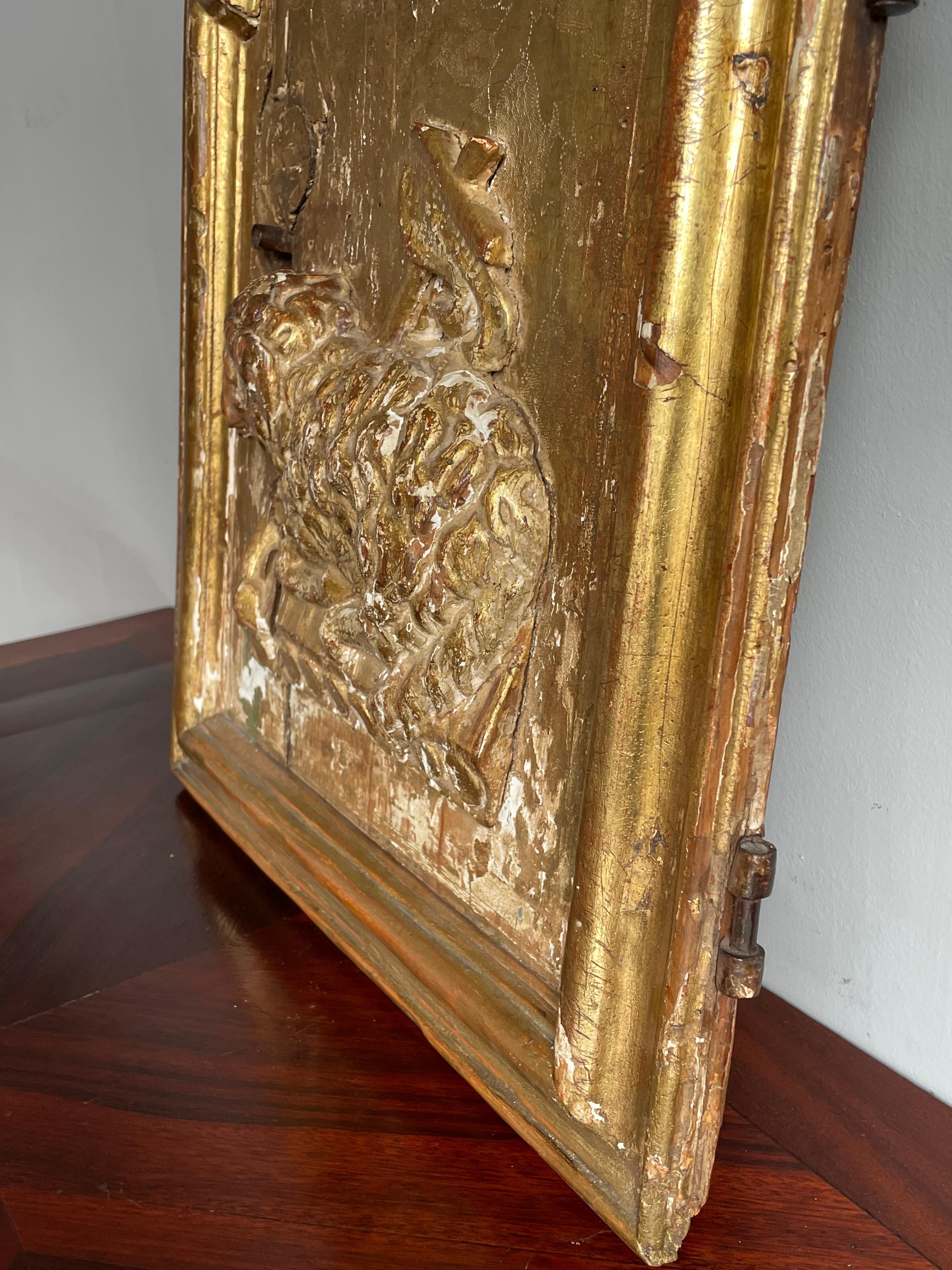 Antique Early 1600s Gilt Gothic Tabernacle Door W. Lamb Resting on 7 Seals Bible For Sale 5
