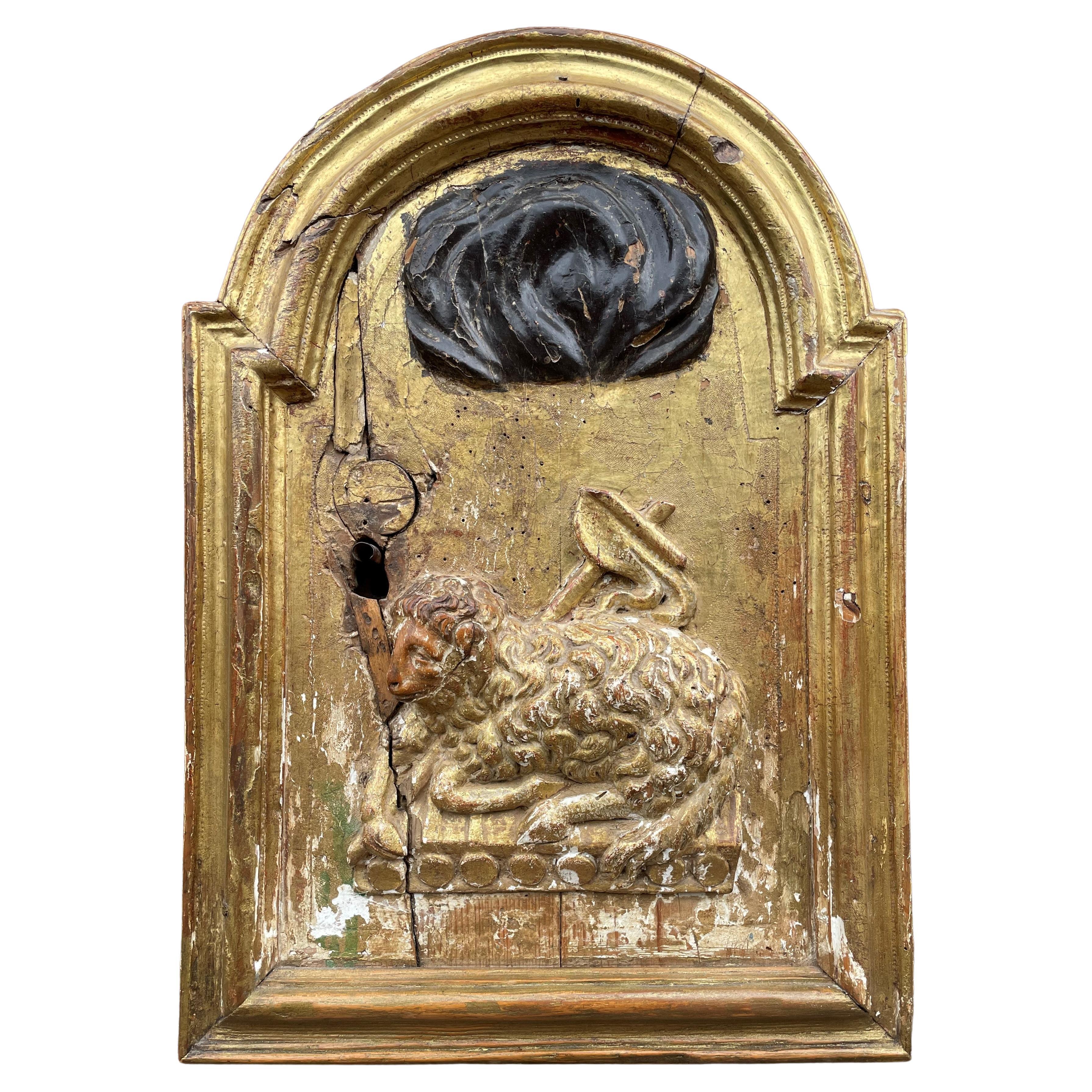 Antique Early 1600s Gilt Gothic Tabernacle Door W. Lamb Resting on 7 Seals Bible For Sale