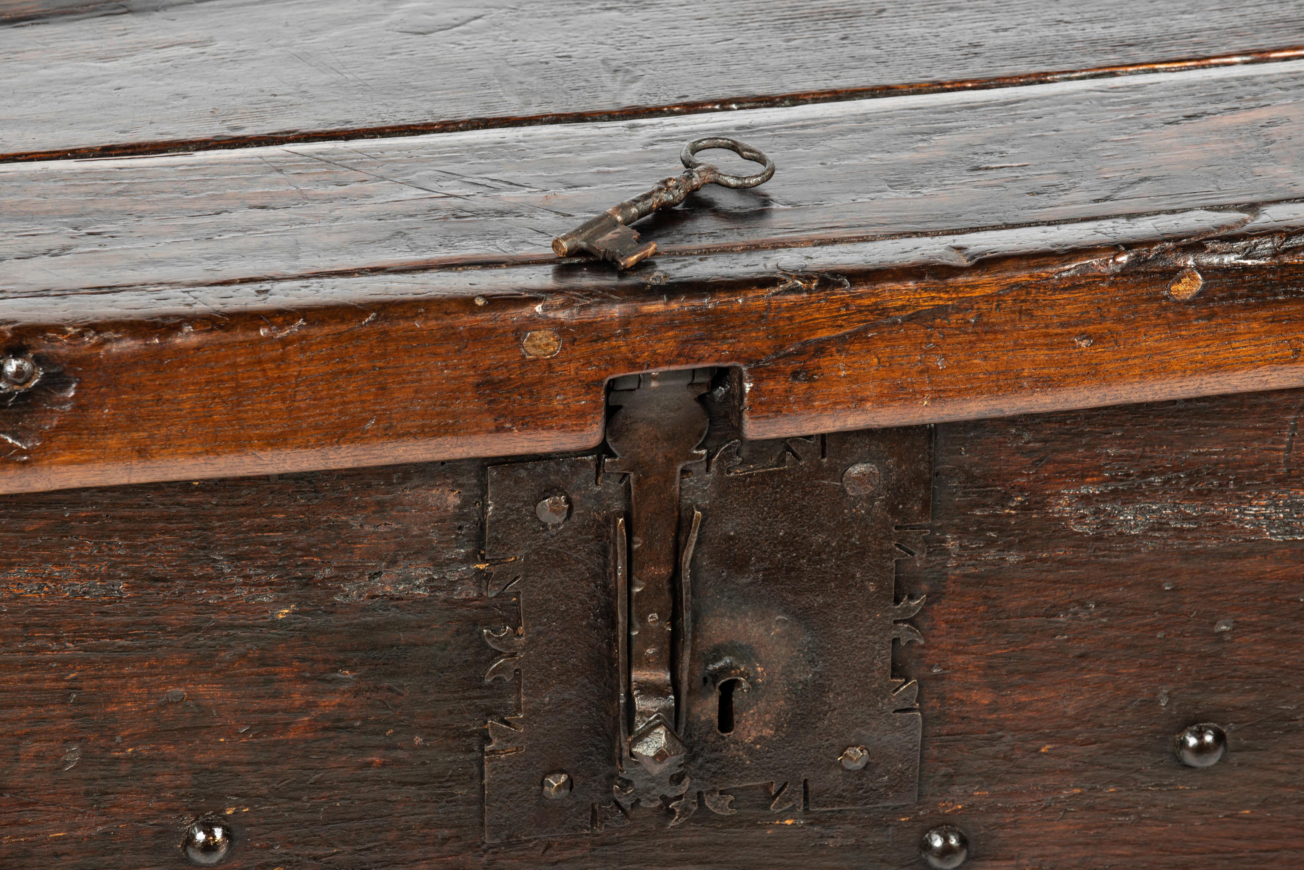 Antique Early 17th Century Spanish Dark Brown Chestnut Wood Trunk or Chest  For Sale 11