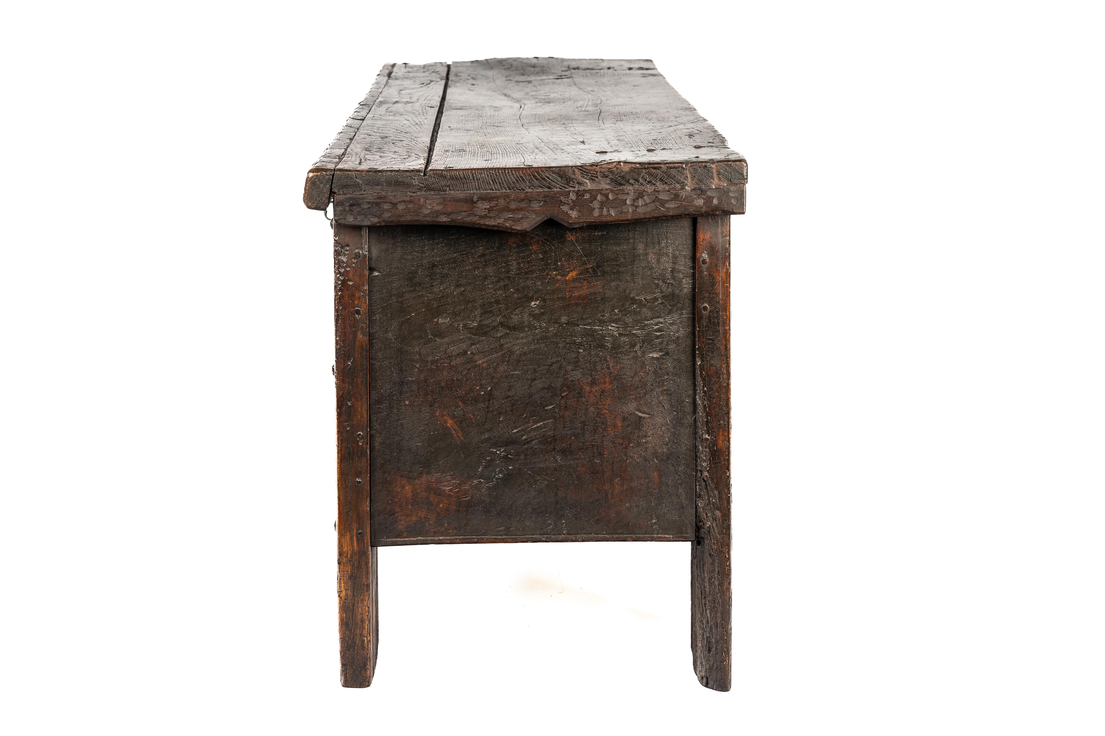 Forged Antique Early 17th Century Spanish Dark Brown Chestnut Wood Trunk or Chest  For Sale
