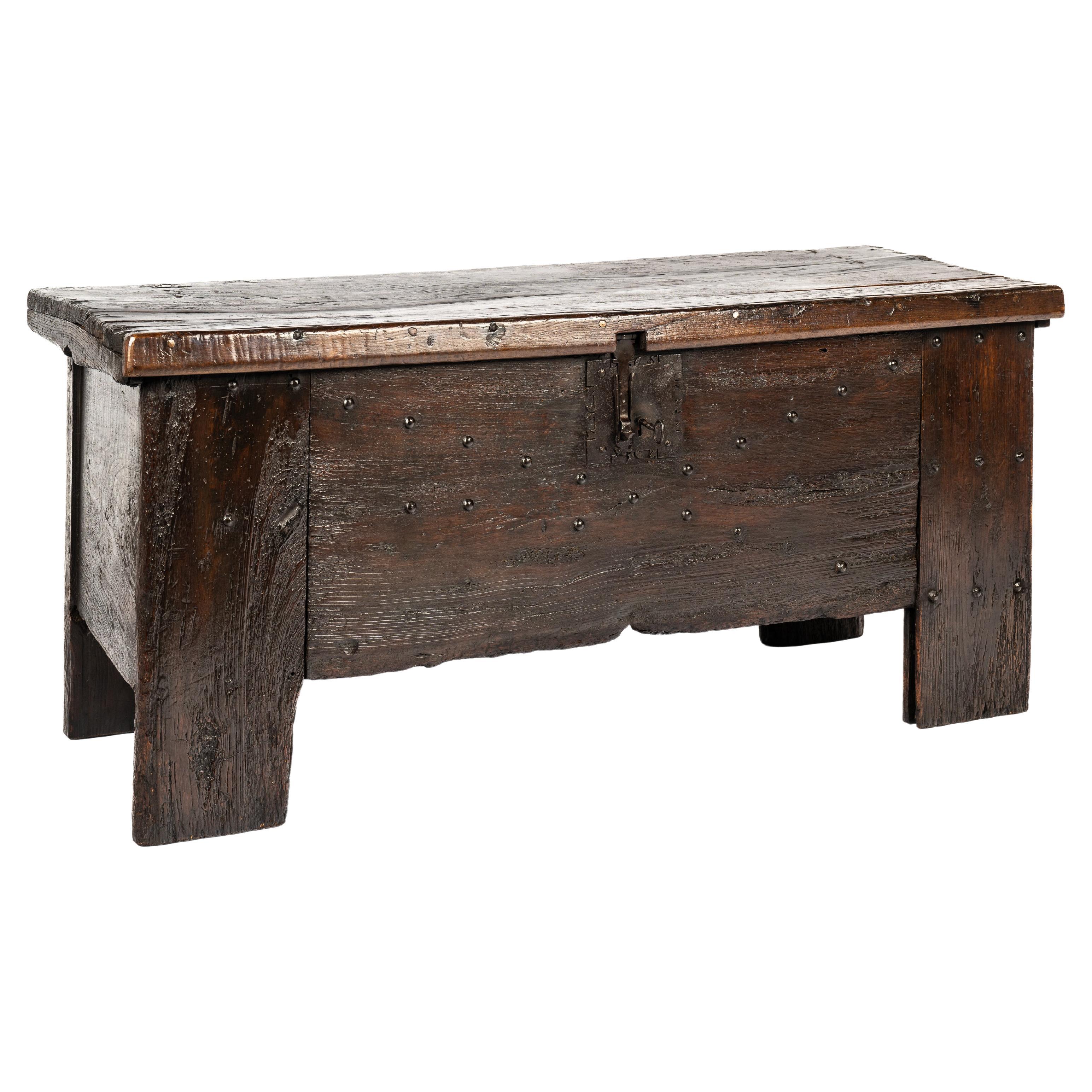 Antique Early 17th Century Spanish Dark Brown Chestnut Wood Trunk or Chest  For Sale