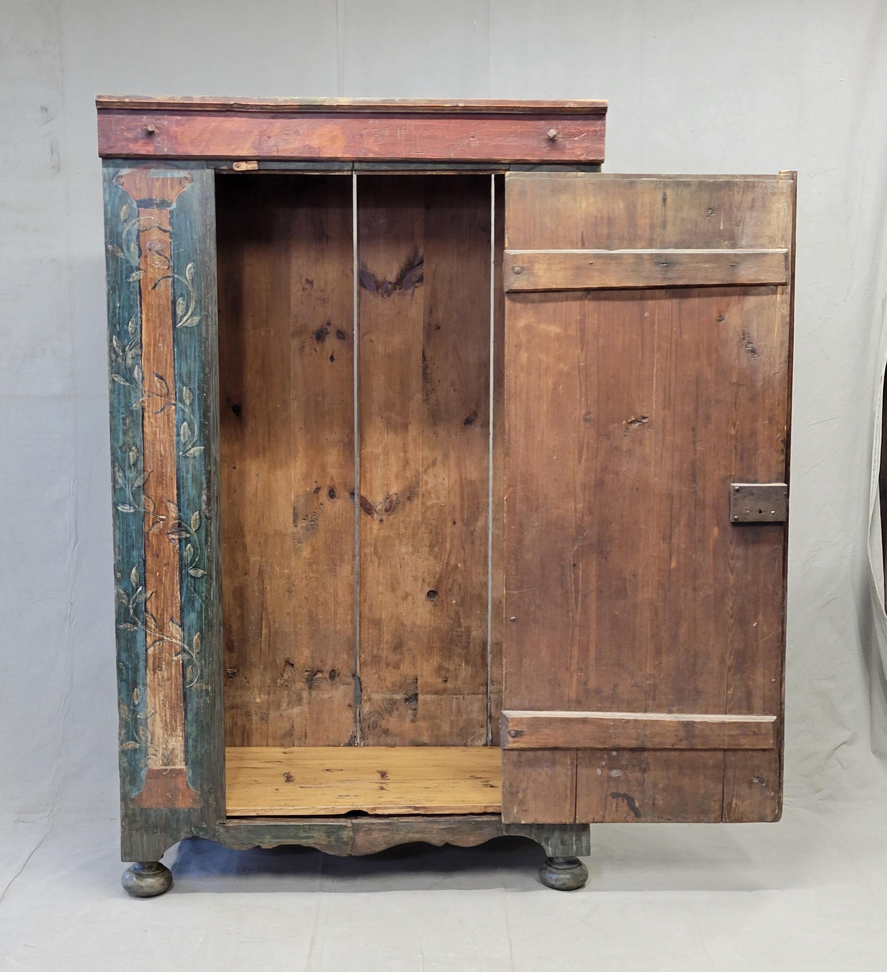 Folk Art Antique Early 1800s Eastern European Pine Wardrobe Armoire With Original Paint