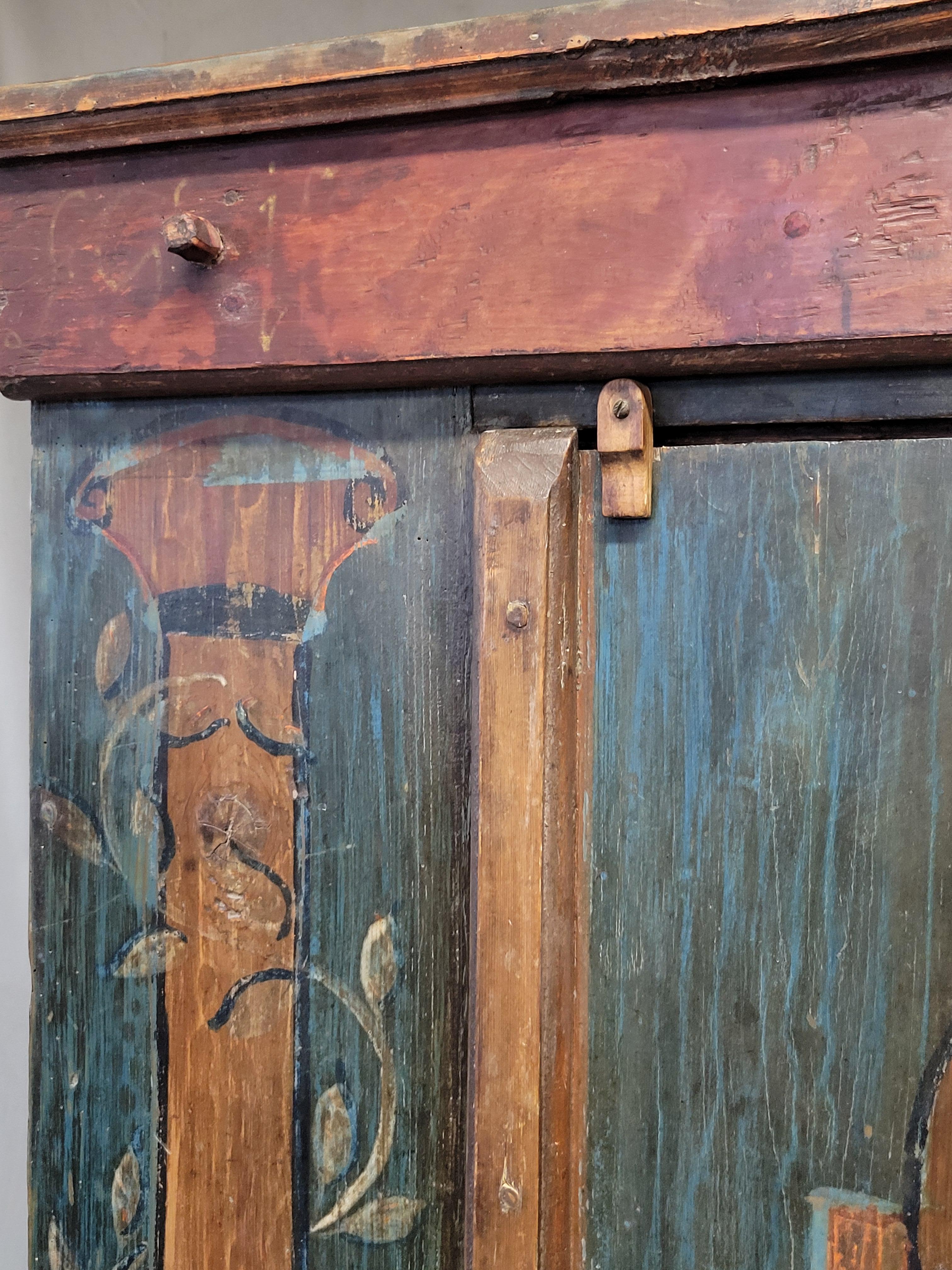 19th Century Antique Early 1800s Eastern European Pine Wardrobe Armoire With Original Paint