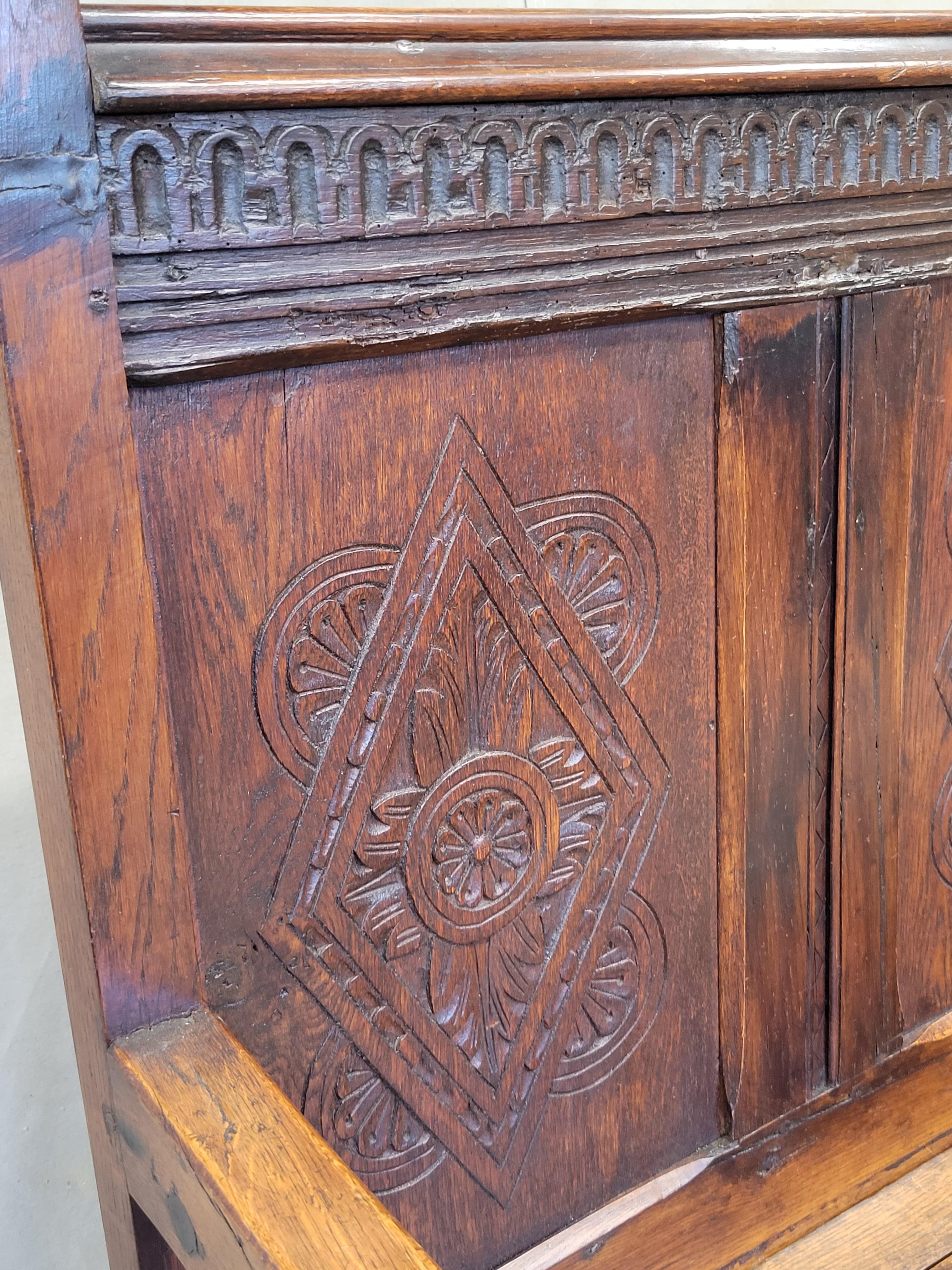 Antique Early 1800s English Carved Oak Settle Bench With New Verdure Cushion 4