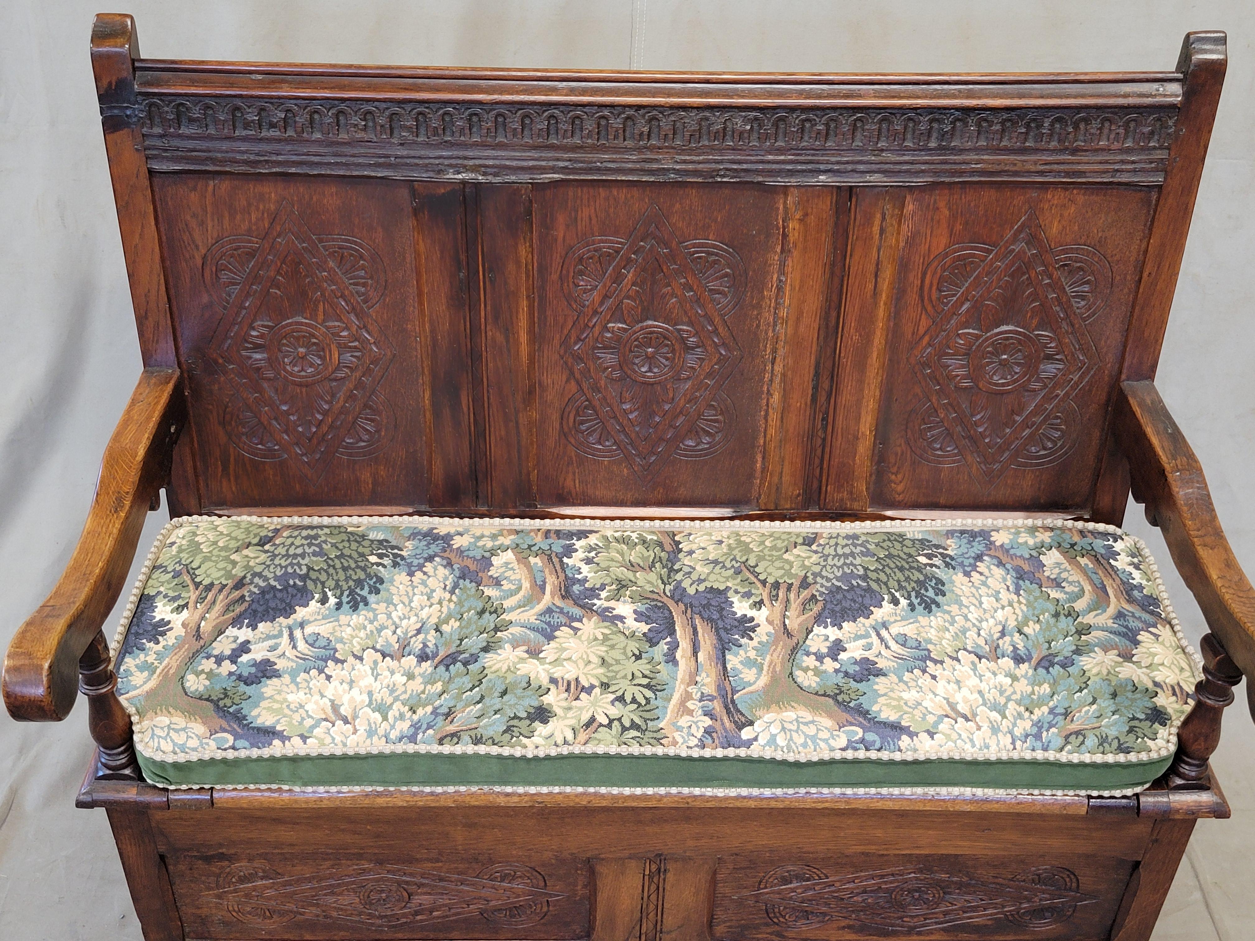 Antique Early 1800s English Carved Oak Settle Bench With New Verdure Cushion 5