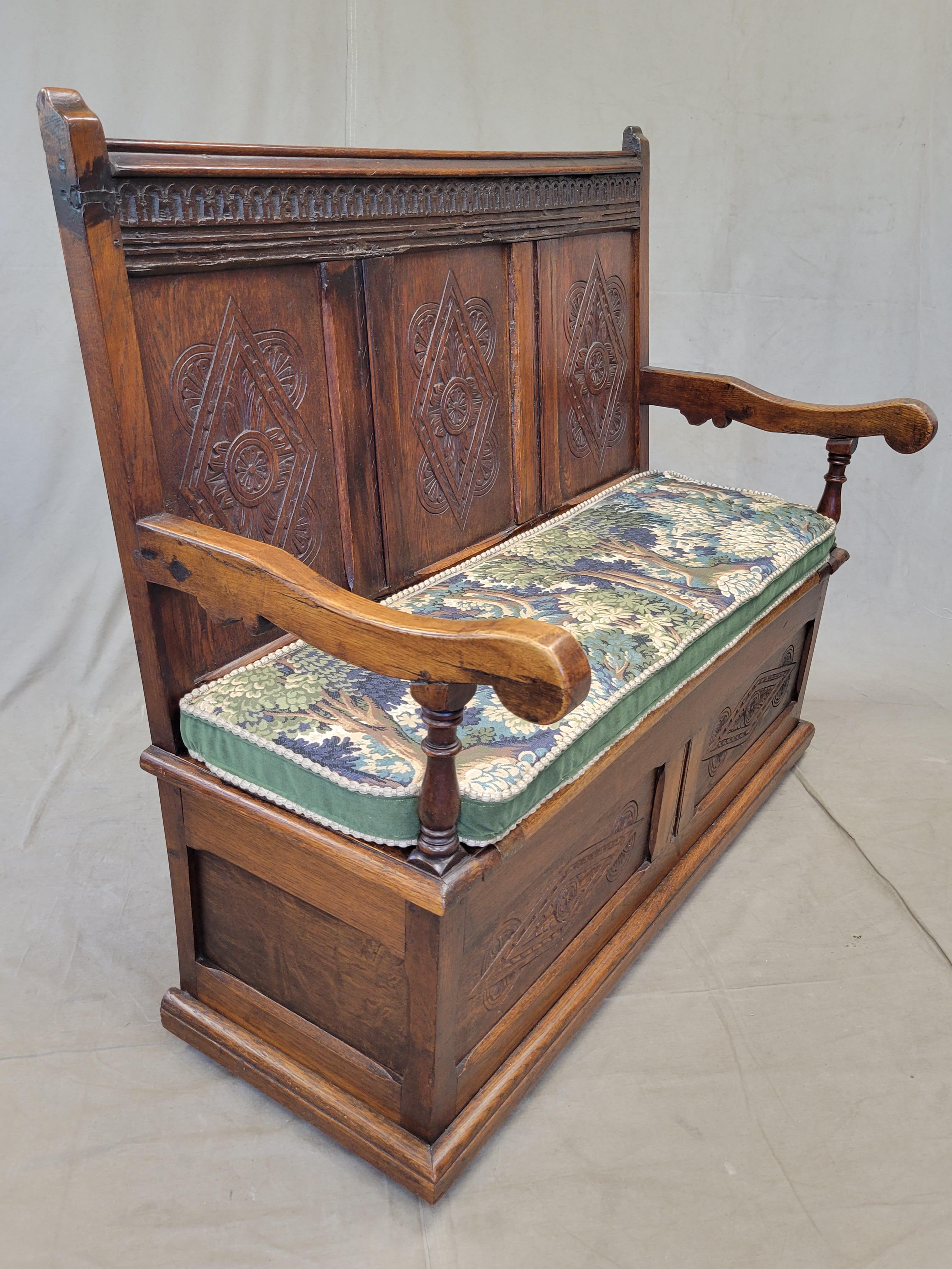 Antique Early 1800s English Carved Oak Settle Bench With New Verdure Cushion 6