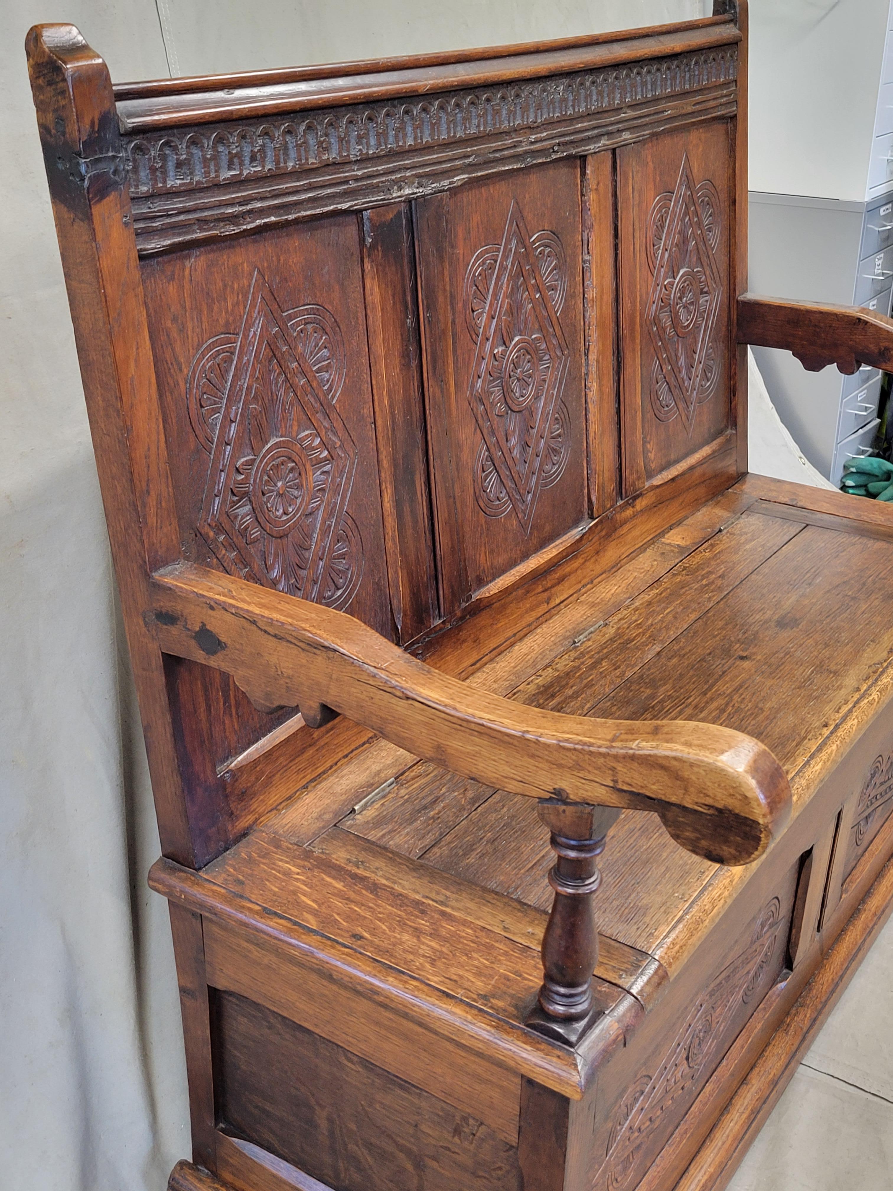 Georgian Antique Early 1800s English Carved Oak Settle Bench With New Verdure Cushion