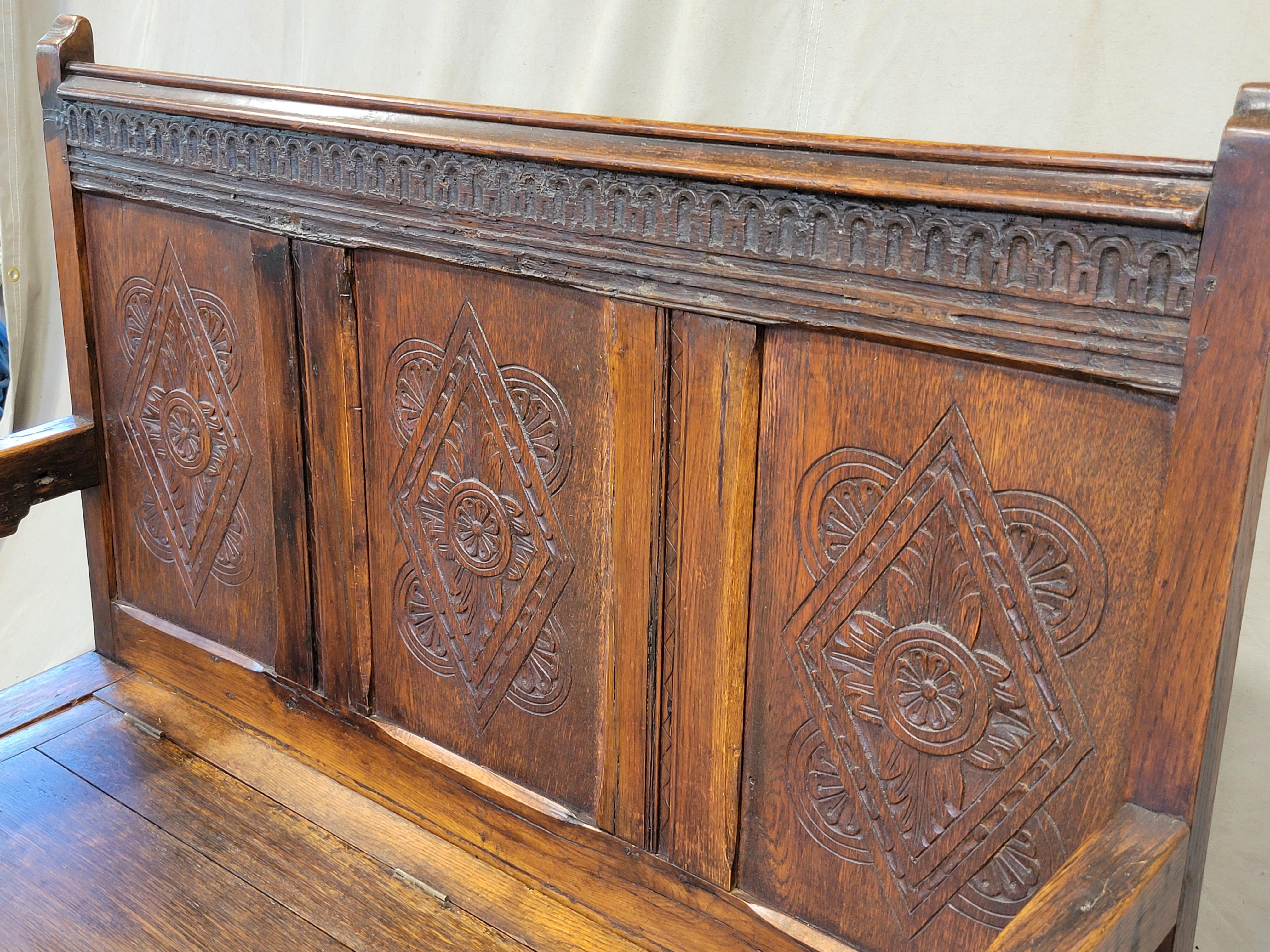 Hand-Carved Antique Early 1800s English Carved Oak Settle Bench With New Verdure Cushion