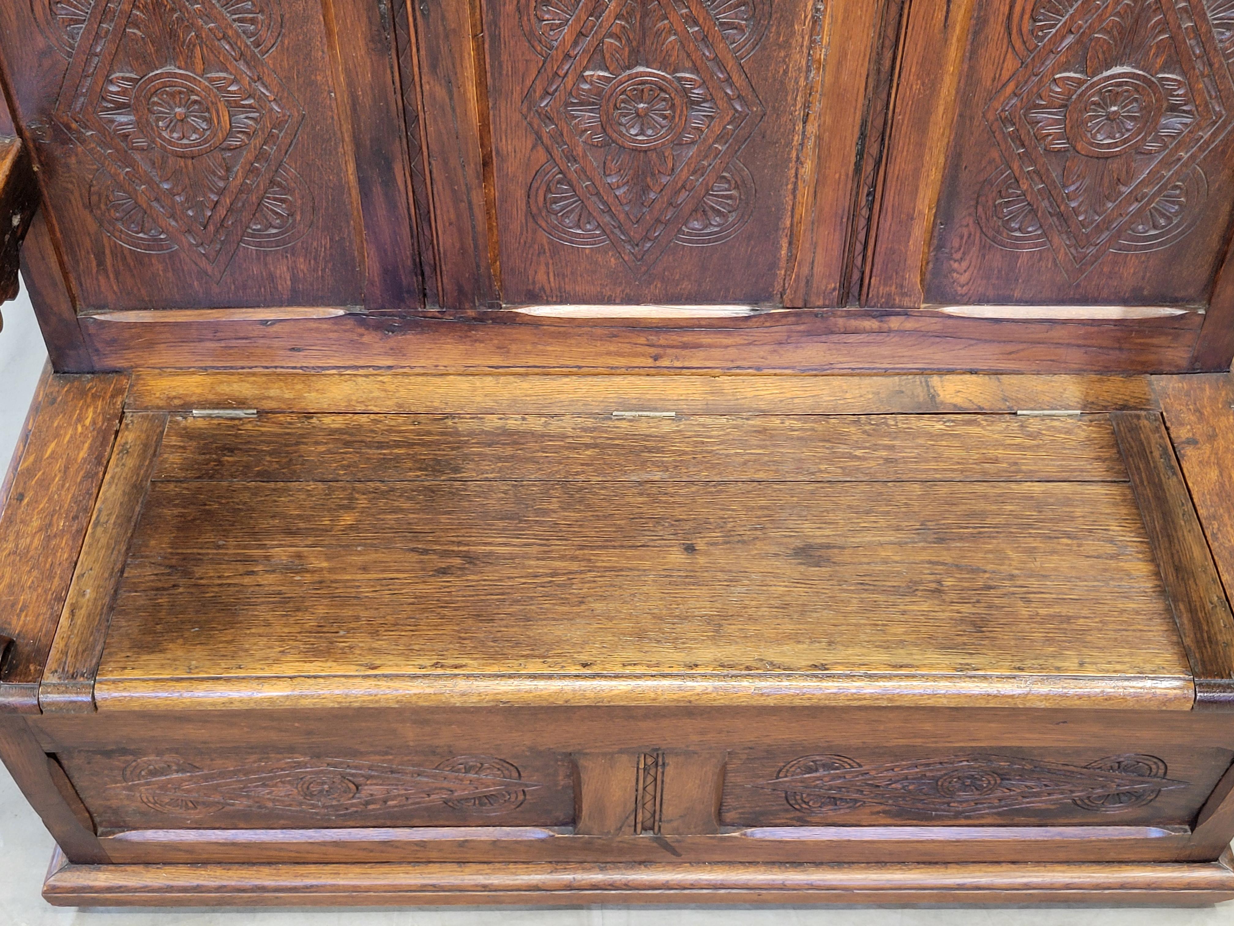 Antique Early 1800s English Carved Oak Settle Bench With New Verdure Cushion In Fair Condition In Centennial, CO