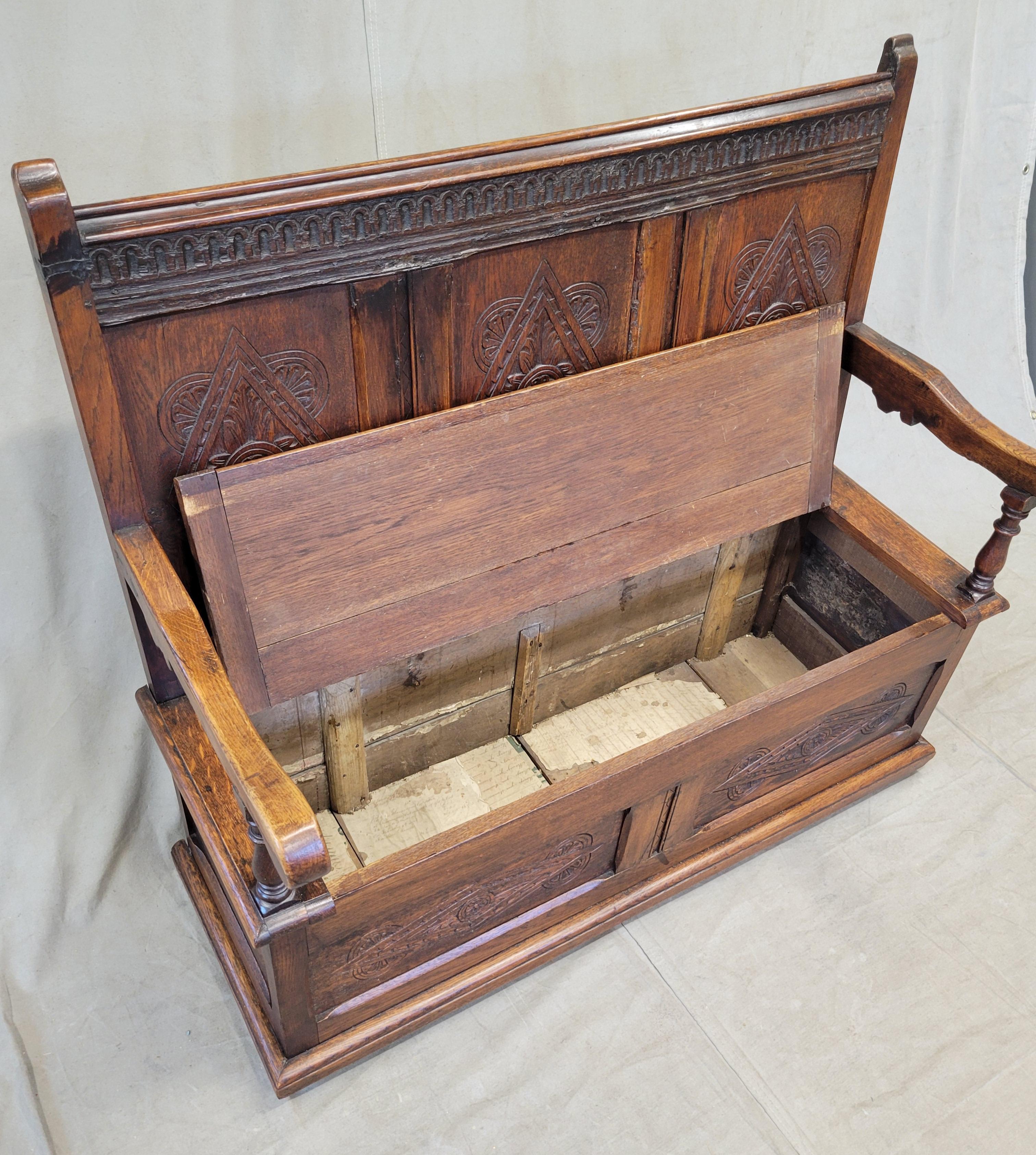 19th Century Antique Early 1800s English Carved Oak Settle Bench With New Verdure Cushion