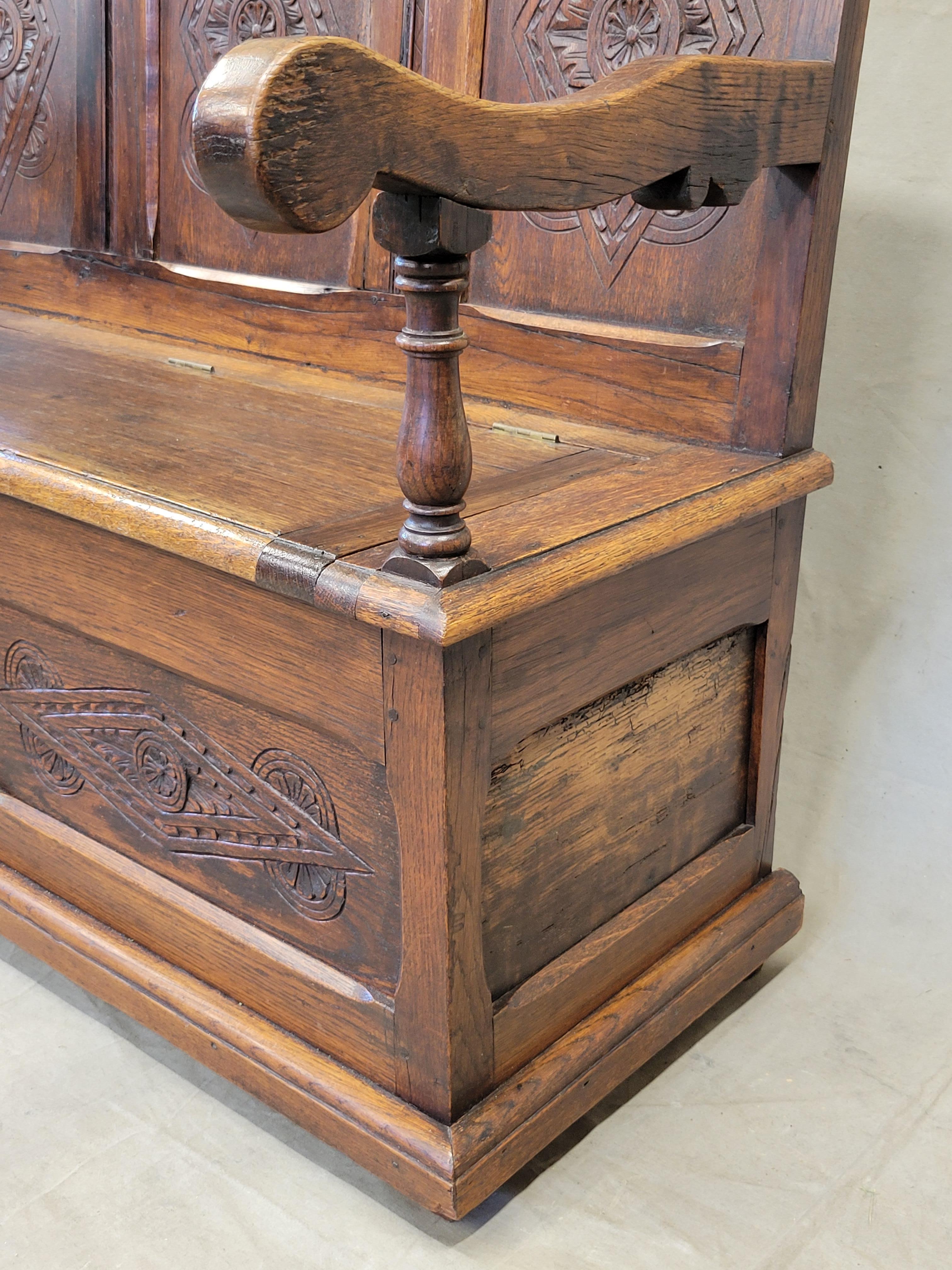 Antique Early 1800s English Carved Oak Settle Bench With New Verdure Cushion 2