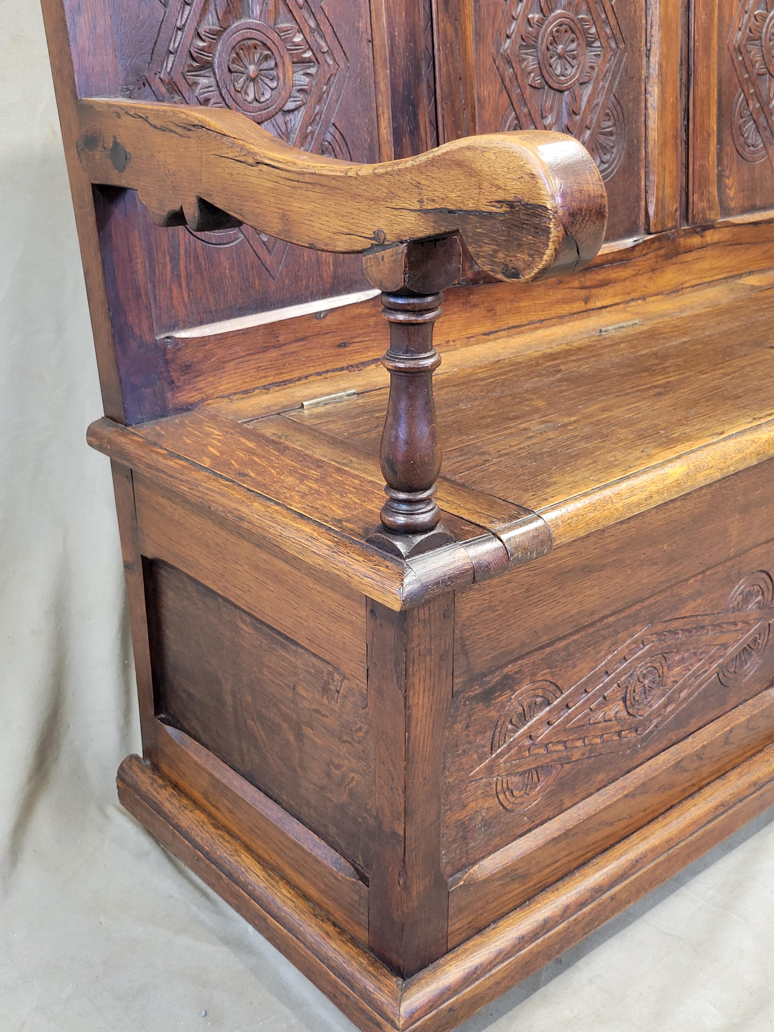 Antique Early 1800s English Carved Oak Settle Bench With New Verdure Cushion 3