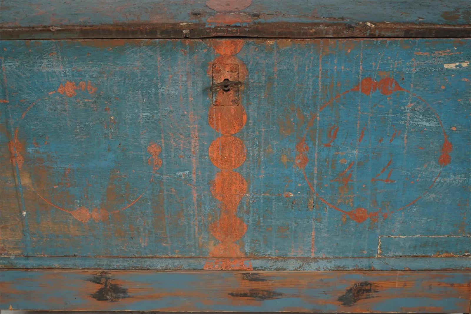 18th Century and Earlier Antique Early 18th C American Colonial Pine Blanket Chest with Original Blue Pai For Sale