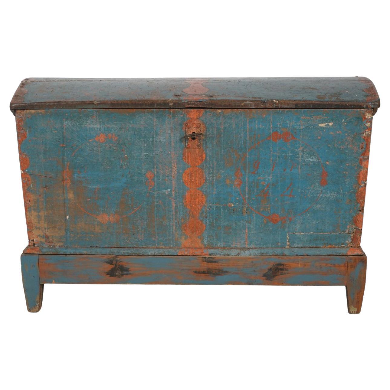 Antique Early 18th C American Colonial Pine Blanket Chest with Original Blue Pai For Sale