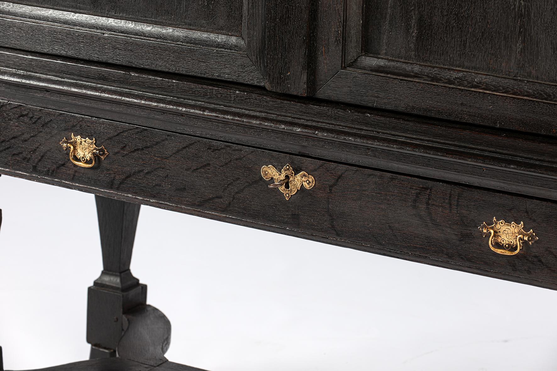 Antique early 18th century Dutch blacked oak two door table cabinet for TV For Sale 7