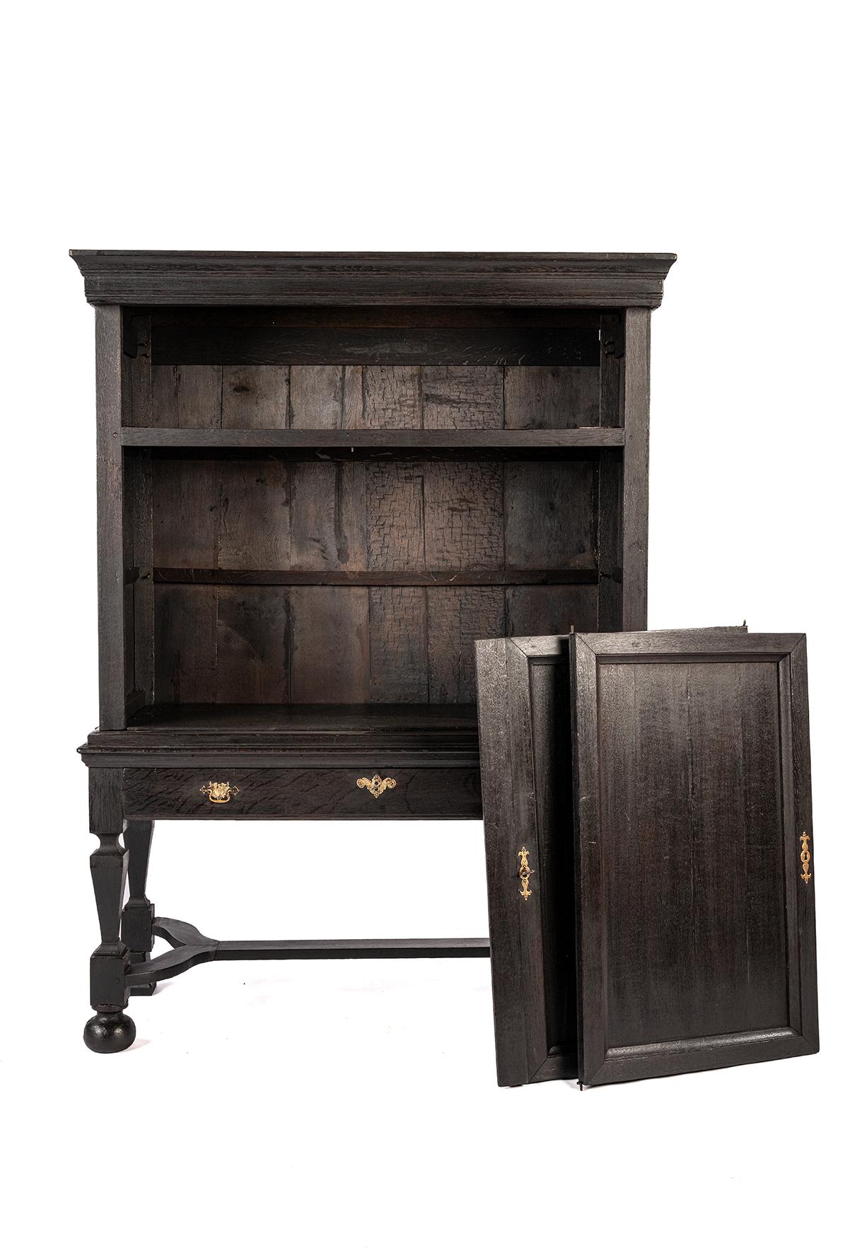Brass Antique early 18th century Dutch blacked oak two door table cabinet for TV For Sale