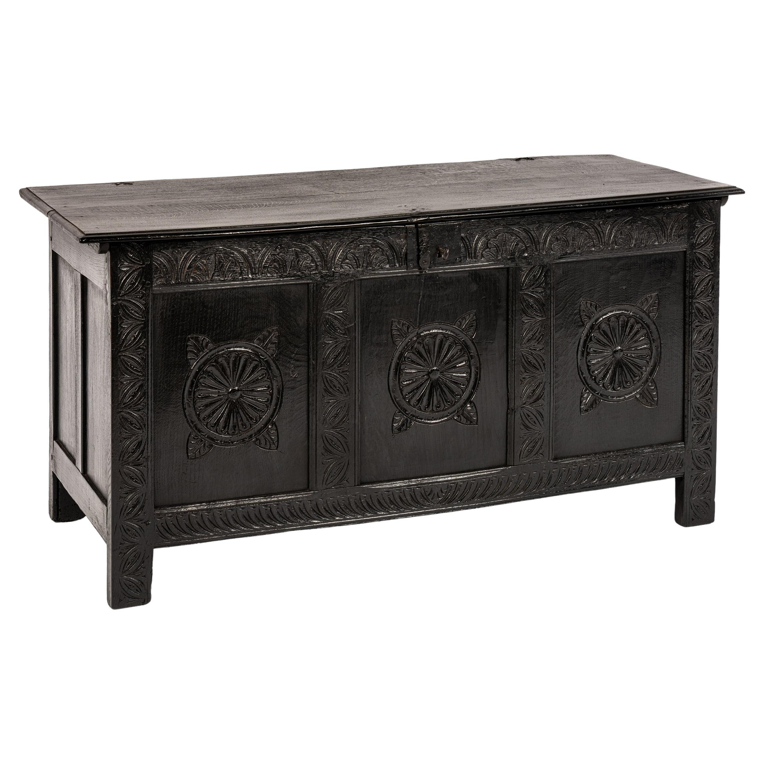 Antique early 18th century Dutch or German Solid blacked oak chest or trunk