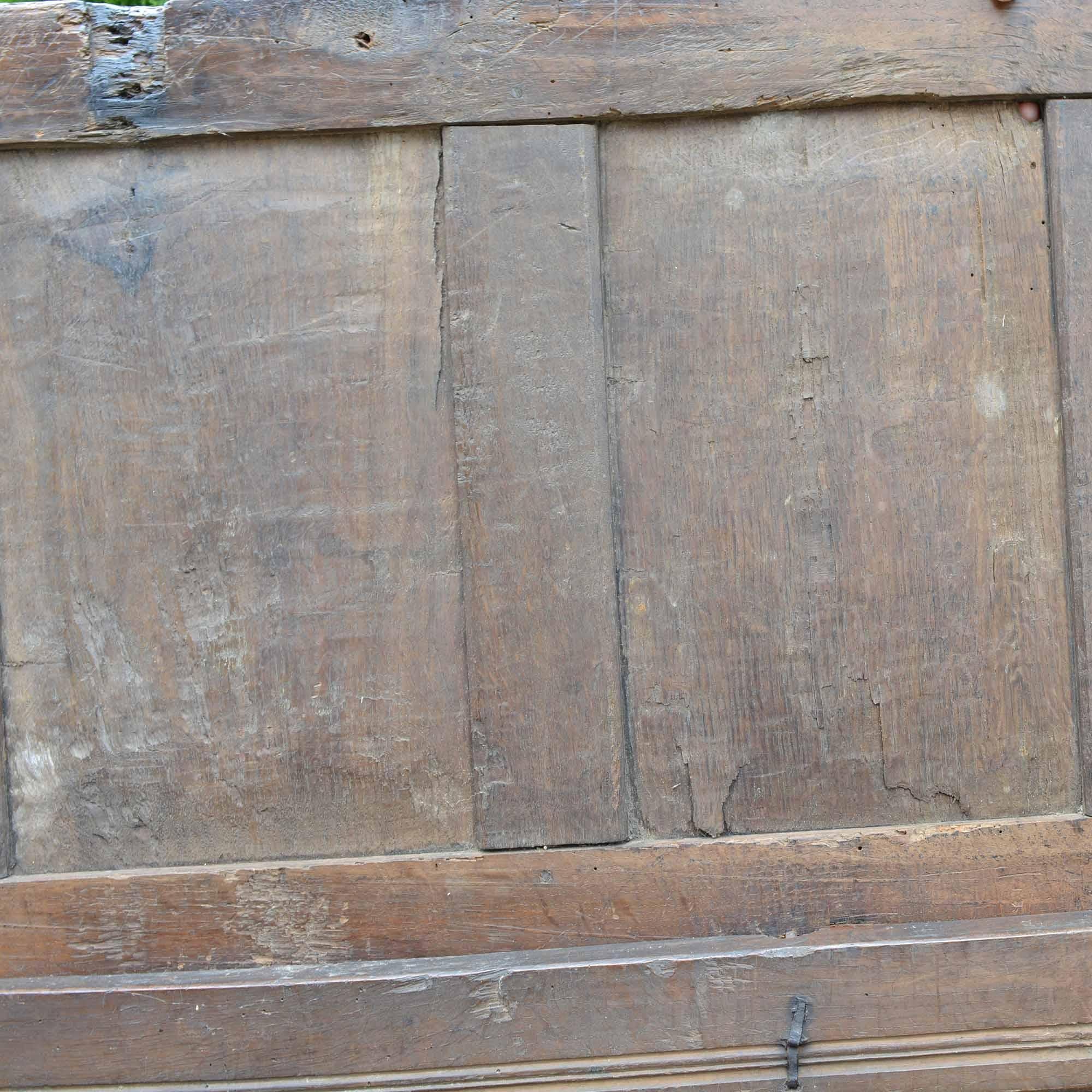 Antique Early 18th Century English Carved Oak Three-Panel Chest For Sale 6