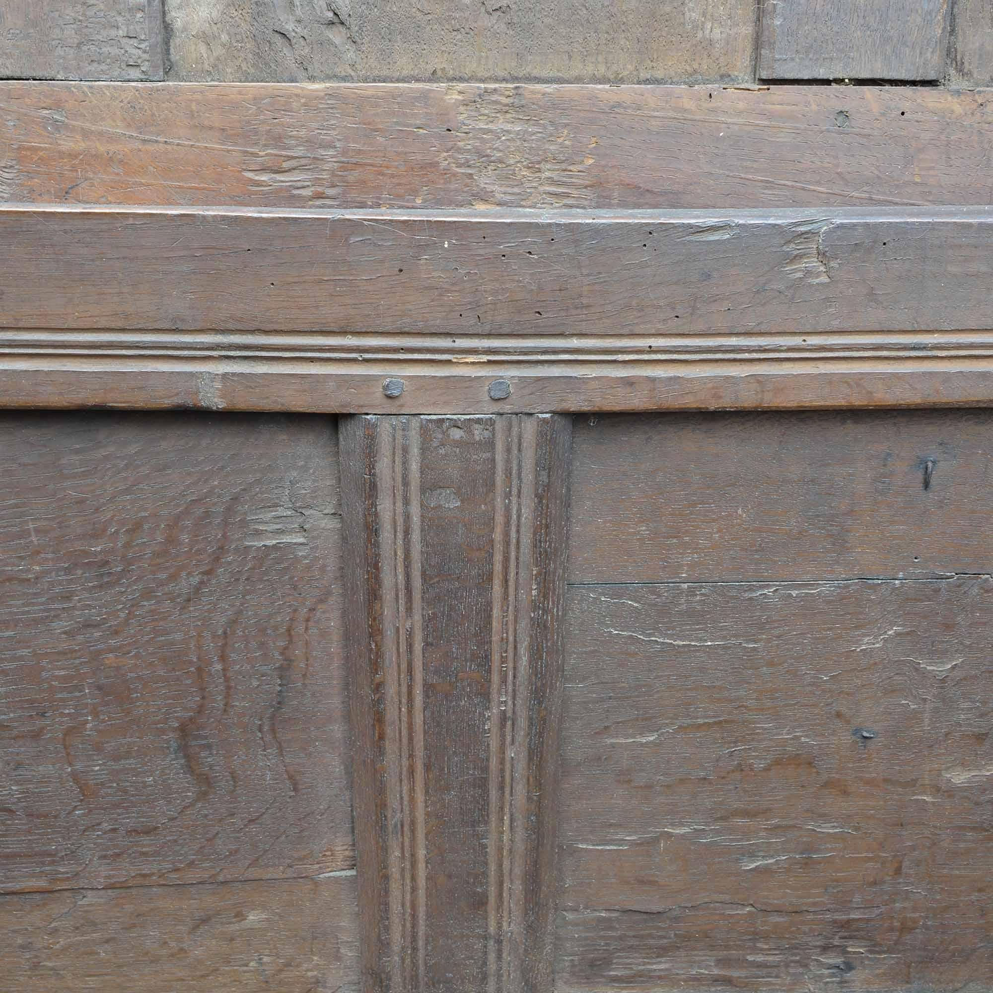 Antique Early 18th Century English Carved Oak Three-Panel Chest For Sale 7