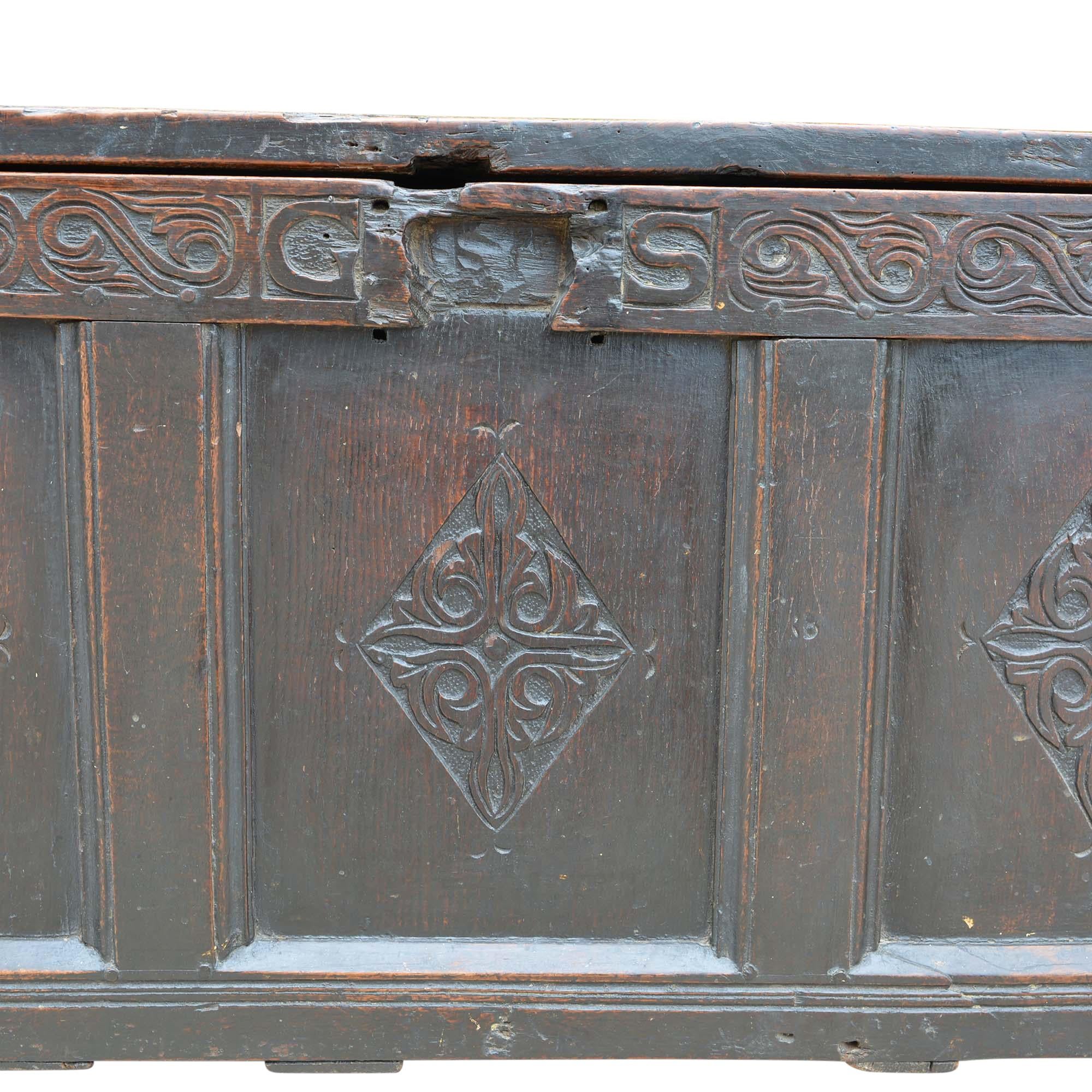 Antique Early 18th Century English Carved Oak Three-Panel Chest For Sale 2
