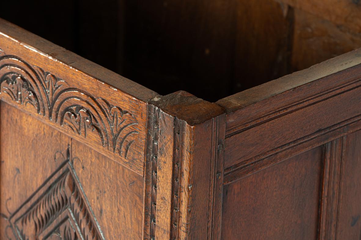 Antique early 18th century English warm brown chest or trunk with rich carvings For Sale 5