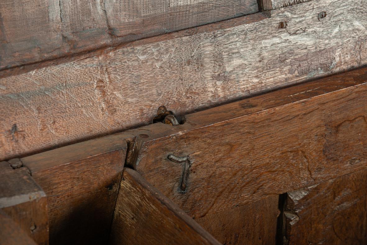 Antique early 18th century English warm brown chest or trunk with rich carvings For Sale 7