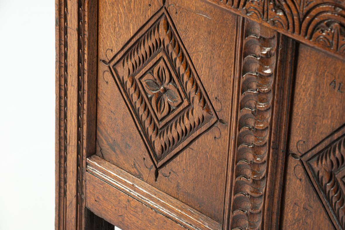 Antique early 18th century English warm brown chest or trunk with rich carvings For Sale 10