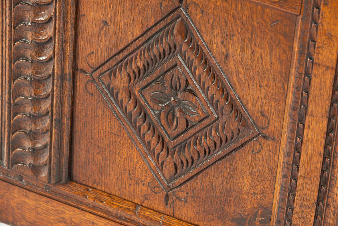 Antique early 18th century English warm brown chest or trunk with rich carvings For Sale 11