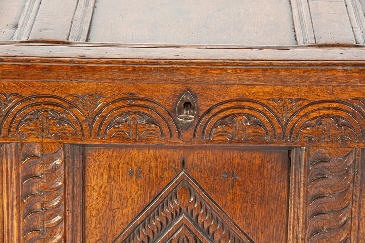 Antique early 18th century English warm brown chest or trunk with rich carvings For Sale 12