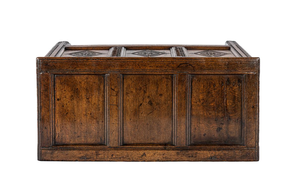 18th Century Antique early 18th century English warm brown chest or trunk with rich carvings For Sale