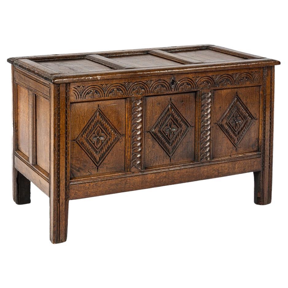 Antique early 18th century English warm brown chest or trunk with rich carvings For Sale