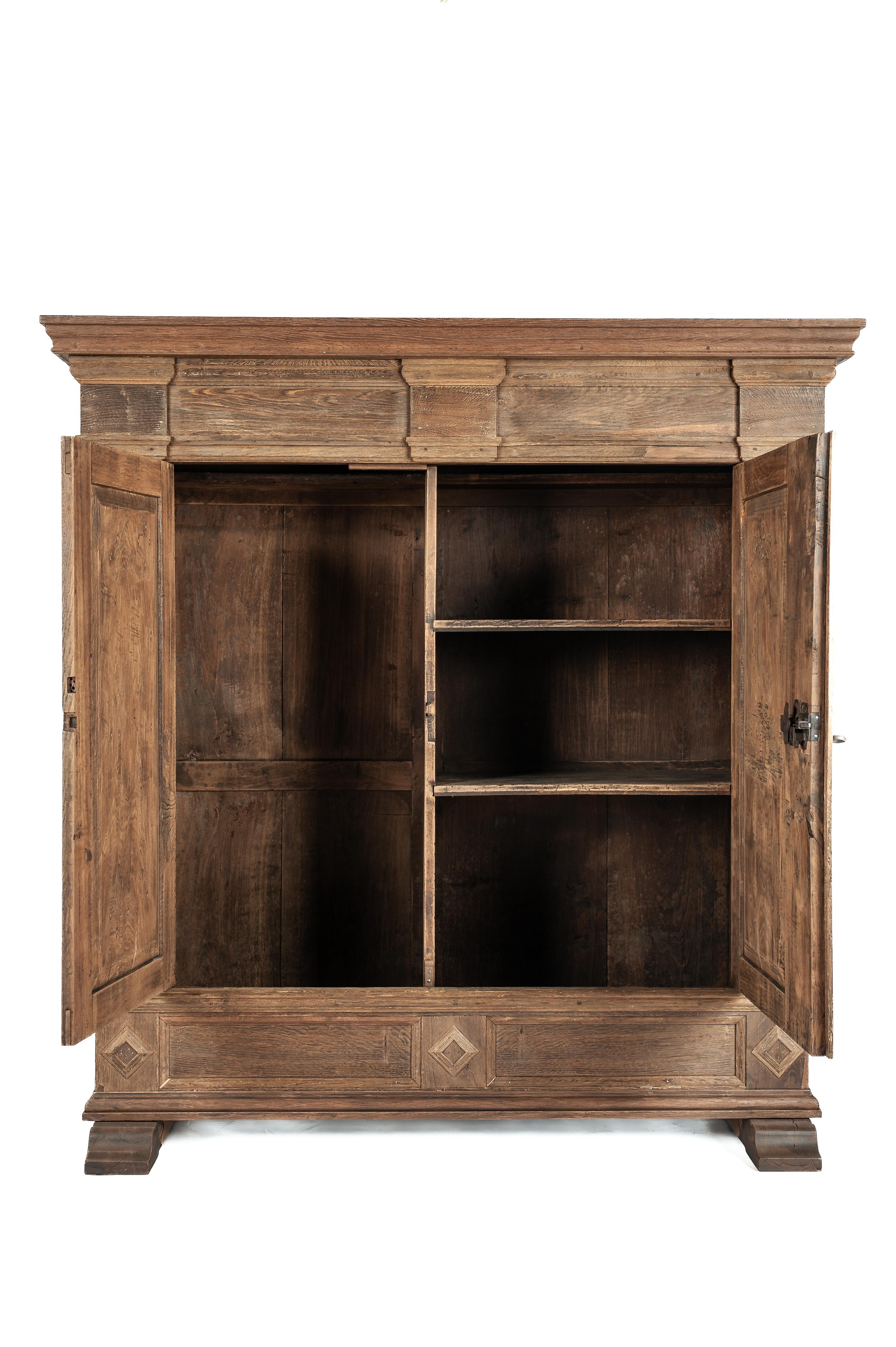 Steel Antique early 18th Century German Baroque Stripped Oak Two-Door Wardrobe Cabinet For Sale