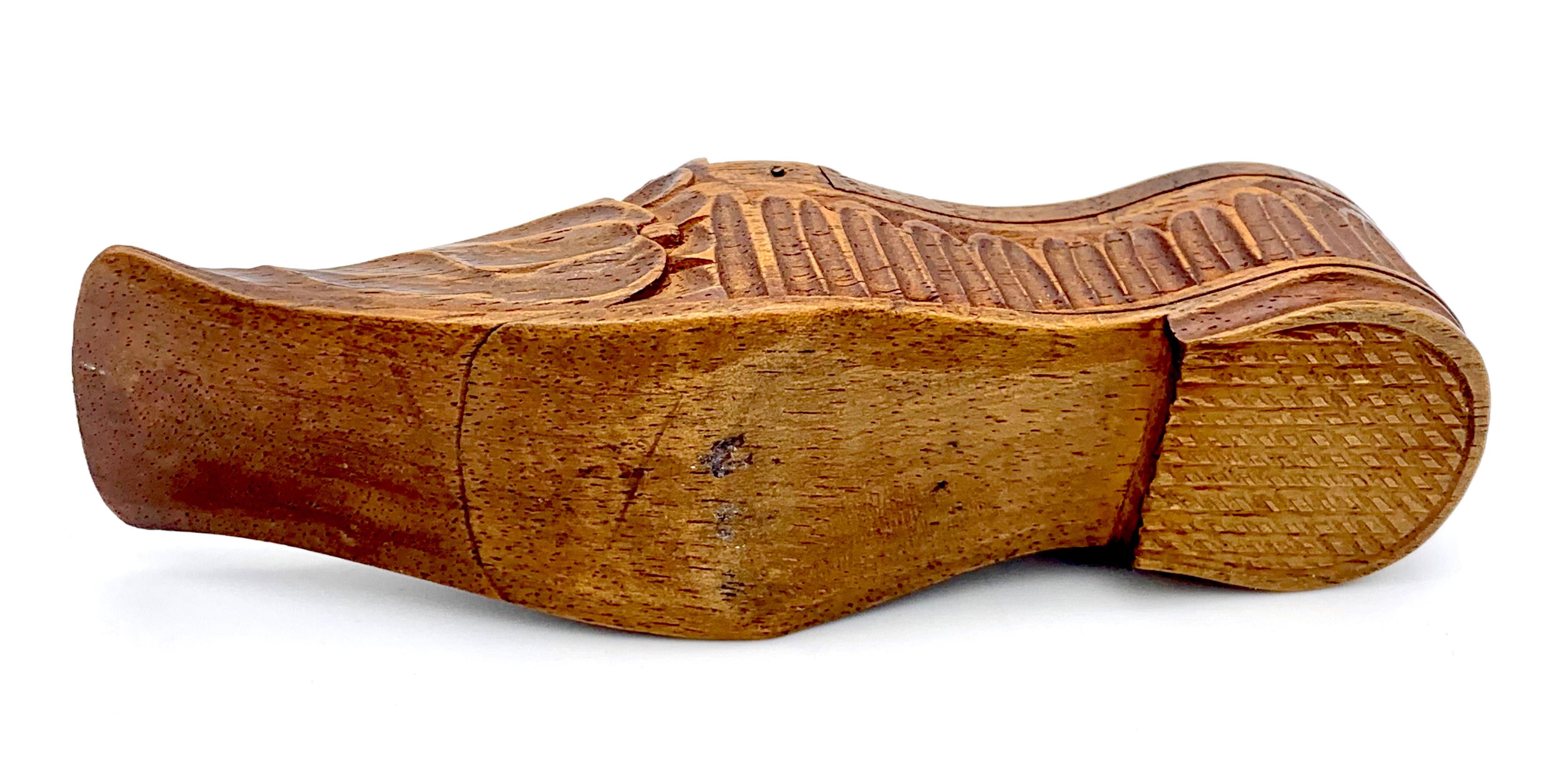 Women's or Men's Antique Mid- 18th Century Gentlemens Miniature Shoe Snuff Box Coniferous Wood   For Sale